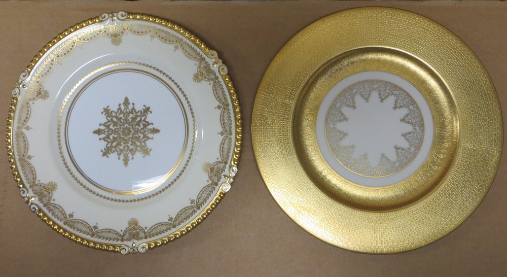 Collection of 14 fancy service plates with ornate : Collection of 14 fancy service plates with ornate gold leaf decoration, various makers including several Rosenthals, several Mintons (one signed Tiffany & Co. with crack), Royal Doultan, Bern Lan, Coa