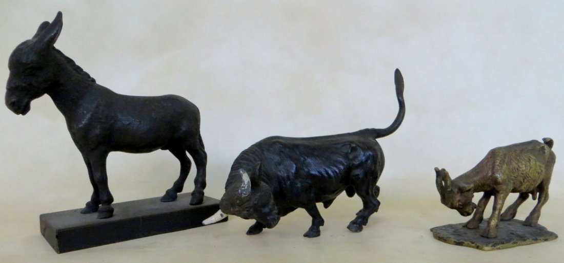 Three miniature bronzes including unsigned Donkey : Three miniature bronzes including unsigned Donkey 3.5"L x 4"H, unsigned goat 2.75"L, unsigned bull with painted white horns 4"L. Provenance: From the estate of John Whiteford, Wassaic NY.