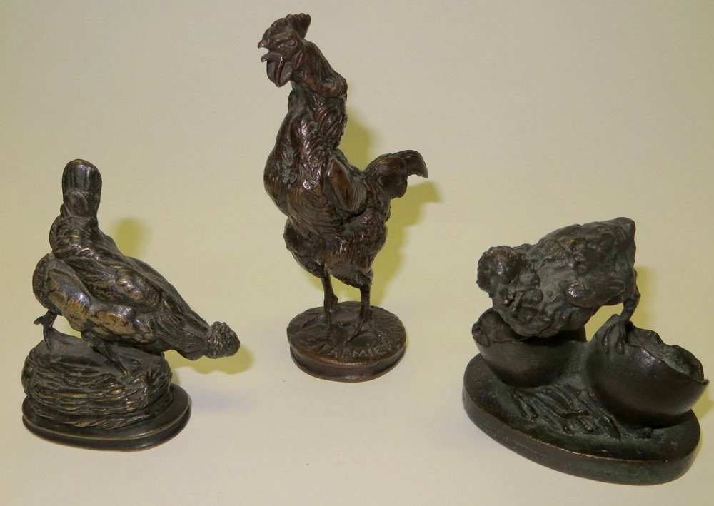 Three miniature French bronzes including crowing r: Three miniature French bronzes including crowing rooster signed Fremiet (Emmanuel Fremiet - France, 1824-1910) 4.75"H x 1.75"L, pecking hen signed A. Cain (Auguste Cain, France 1822-1894) 3.25"H x 3"L