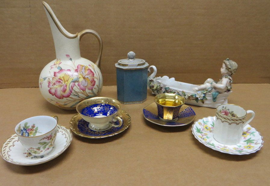 Collection of 7 pieces of various old china includ: Collection of 7 pieces of various old china including Royal Eton floral water pitcher, Royal Copenhagen covered jar, 4 fancy demitasse cups & saucers including Royal Worcester, fancy European porcelai