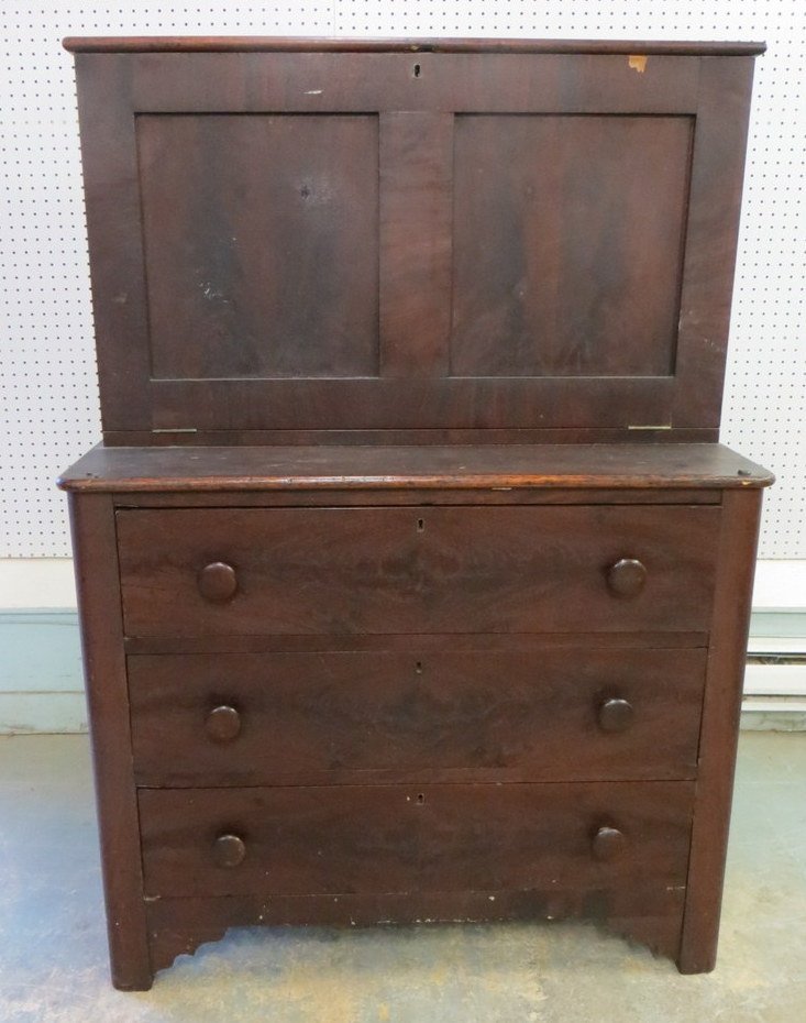 Mahogany drop-front overseers desk with cubby hole: Mahogany drop-front overseers desk with cubby hole interior and 3 lower drawers. Mid-19th century. Provenance: From the estate of John Whiteford, Wassaic NY.