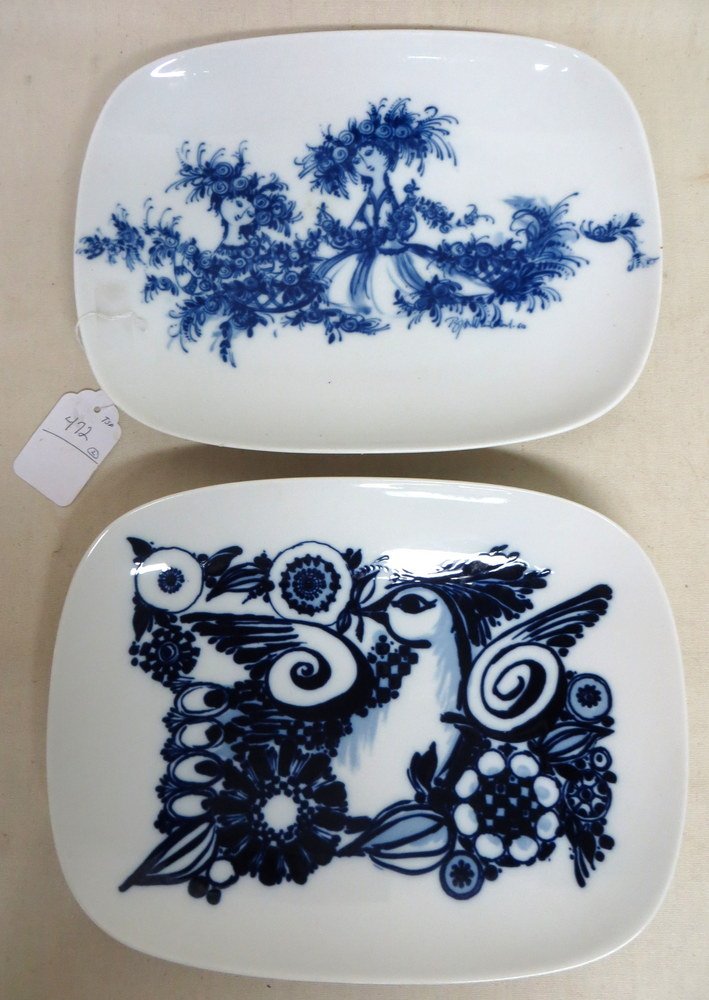 Two modernistic blue and white signed Rosenthal pl: Two modernistic blue and white signed Rosenthal platters - one with stylized bird, the other with 2 ladies. 12.75"L. Provenance: From the estate of Elaine and Irving Sperber, Southbury Ct.
