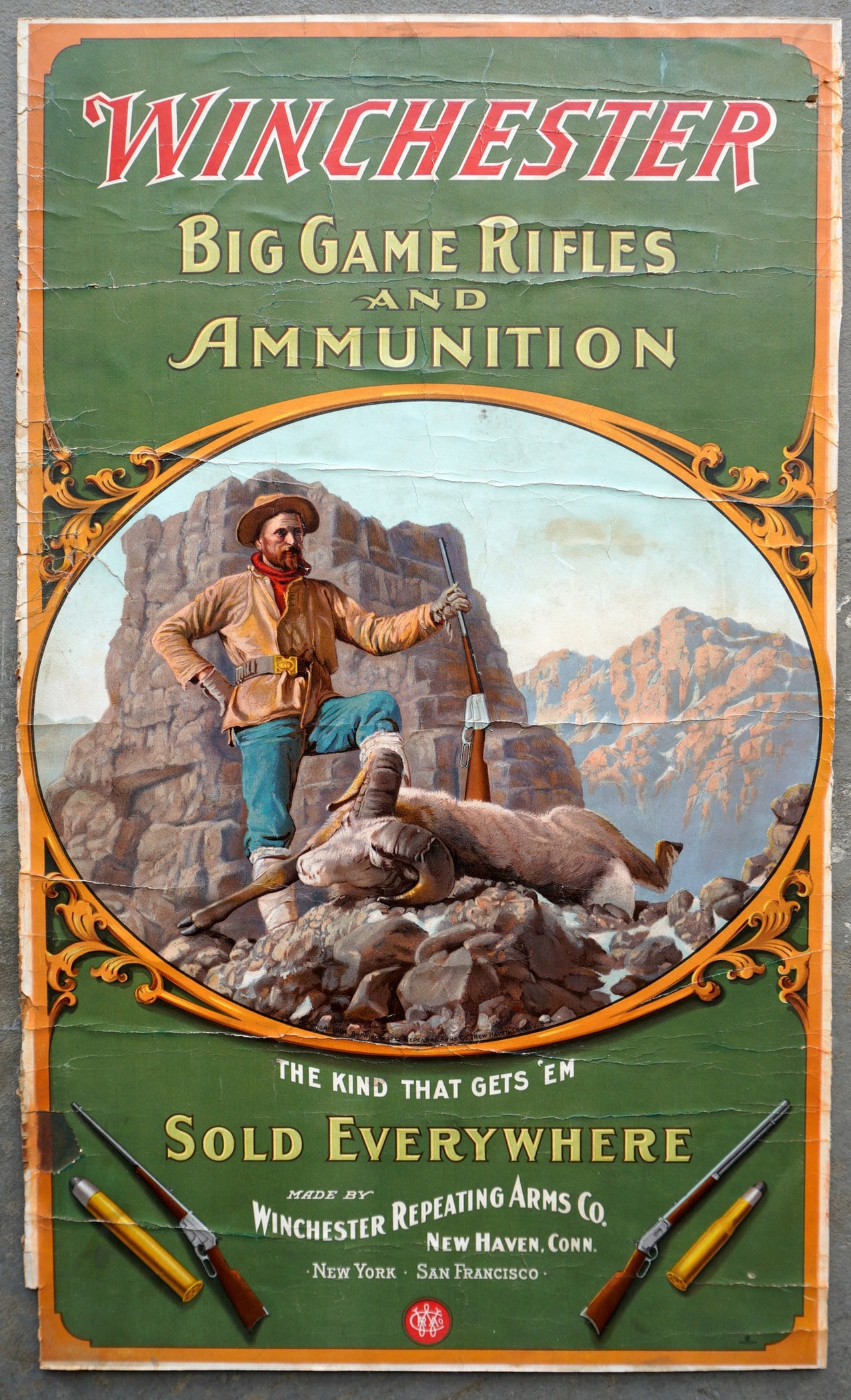 An original Winchester advertising poster titled "Winchester Big Game Rifles And Ammunition / The: An original Winchester advertising poster titled "Winchester Big Game Rifles And Ammunition / The Kind That Gets 'Em / Sold Everywhere / Made By Winchester Repeating Arms Co. / New Haven, Conn. / New