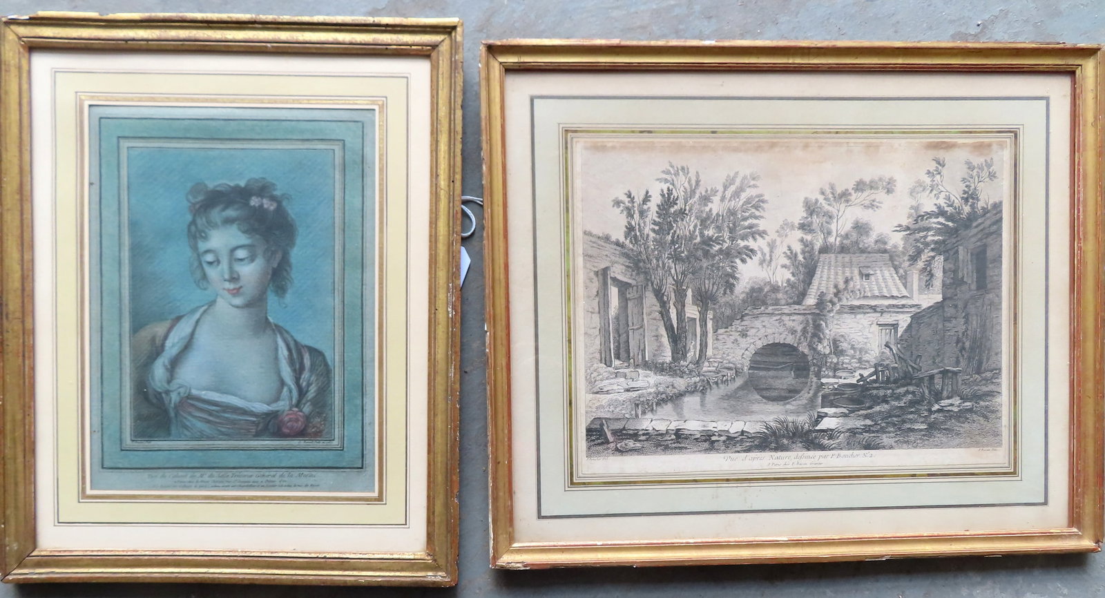 Two 18th century prints after Boucher (Francios Boucher, French 1703-1770). Both appear to be in: Two 18th century prints after Boucher (Francios Boucher, French 1703-1770). Both appear to be in original lemon gold frames. The largest frame size 20 1/4" x 16 5/8". Provenance: From a Rochester NY e