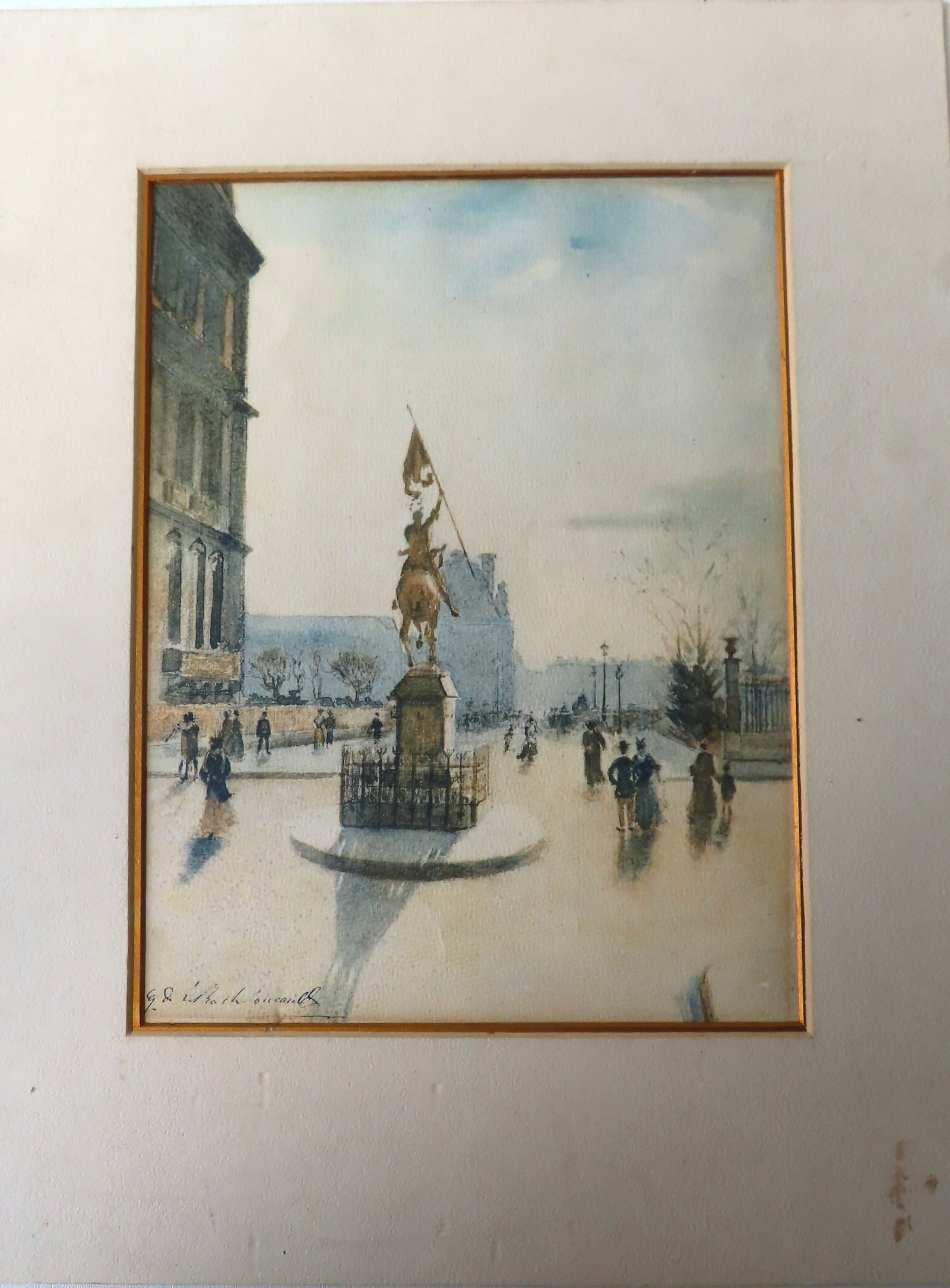 W/C European street scene, probably French, with figures and statue of soldier on horseback holding: W/C European street scene, probably French, with figures and statue of soldier on horseback holding flag, 19th century. Very good condition. Signed illegibly. Not framed - mat size 14 1/2" x 18 1/2". 