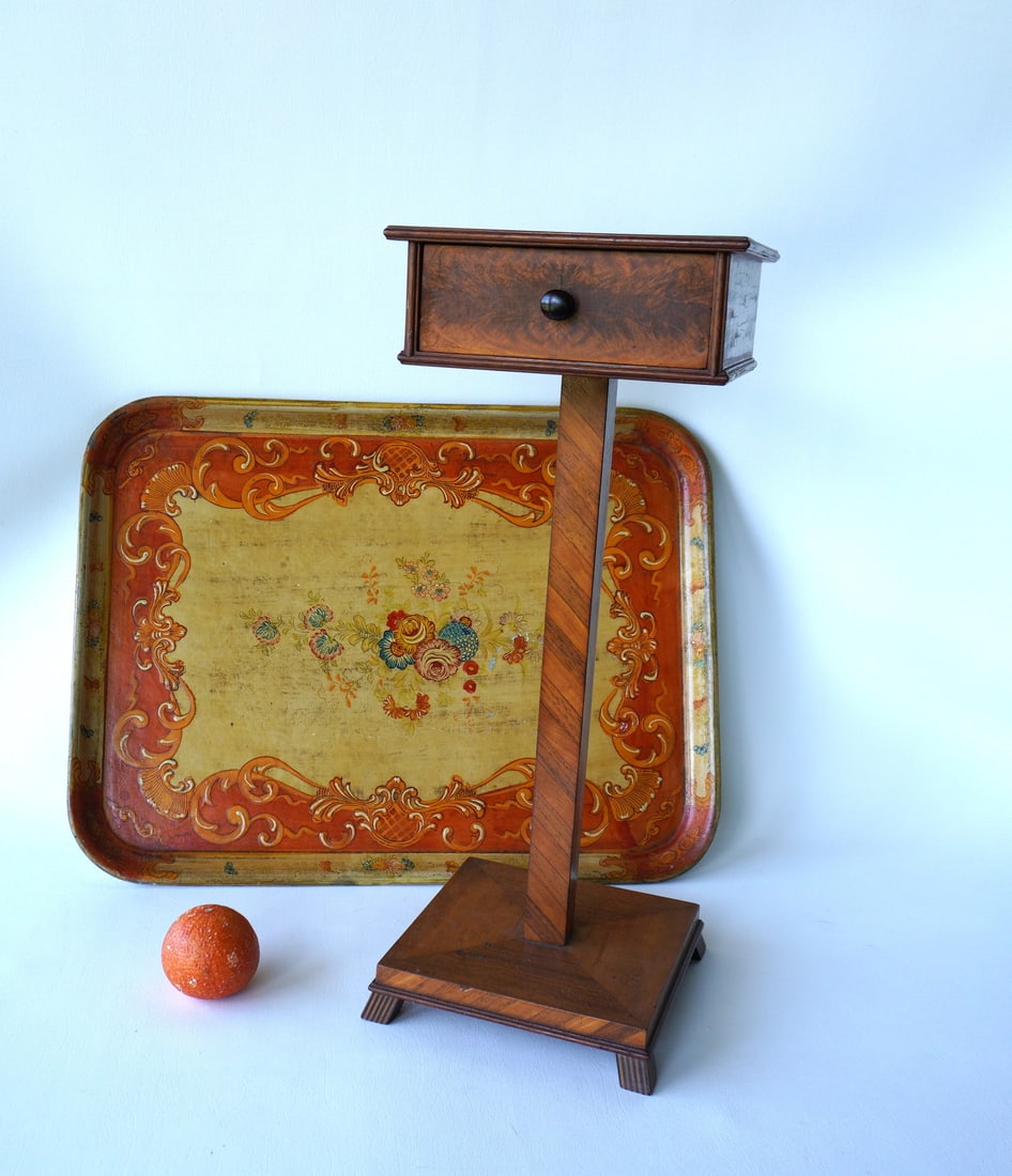 Small Edwardian 1 drawer smoking stand on pedestal base in walnut and mahogany inlays - note a false: Small Edwardian 1 drawer smoking stand on pedestal base in walnut and mahogany inlays - note a false drawer on opposite side of real drawer; sold together with a hand painted paper mache serving tray,