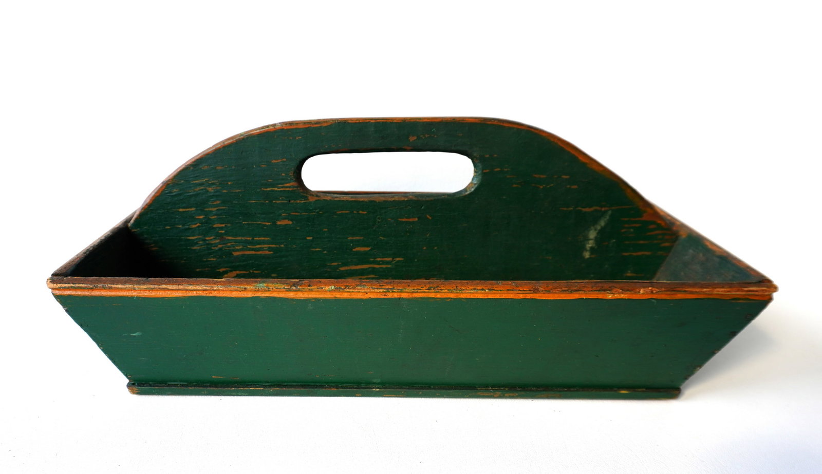 Cutlery box in old green paint with gold highlights, measuring 16"W x 8 1/2"D x 6"H, early 19th: Cutlery box in old green paint with gold highlights, measuring 16"W x 8 1/2"D x 6"H, early 19th century, in good condition.