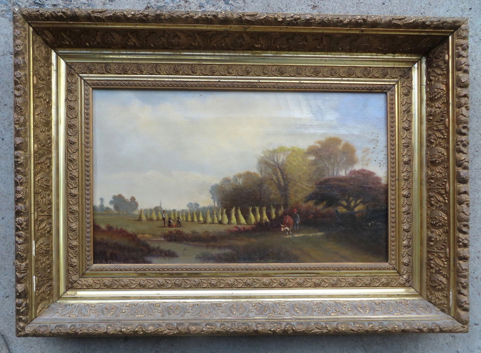 O/C Landscape depicting farmers, cornstalks, and man walking cow down path, mid 19th century, housed: O/C Landscape depicting farmers, cornstalks, and man walking cow down path, mid 19th century, housed in a very fine gilded deep gesso frame - all original with only minor gesso flakes. The painting is