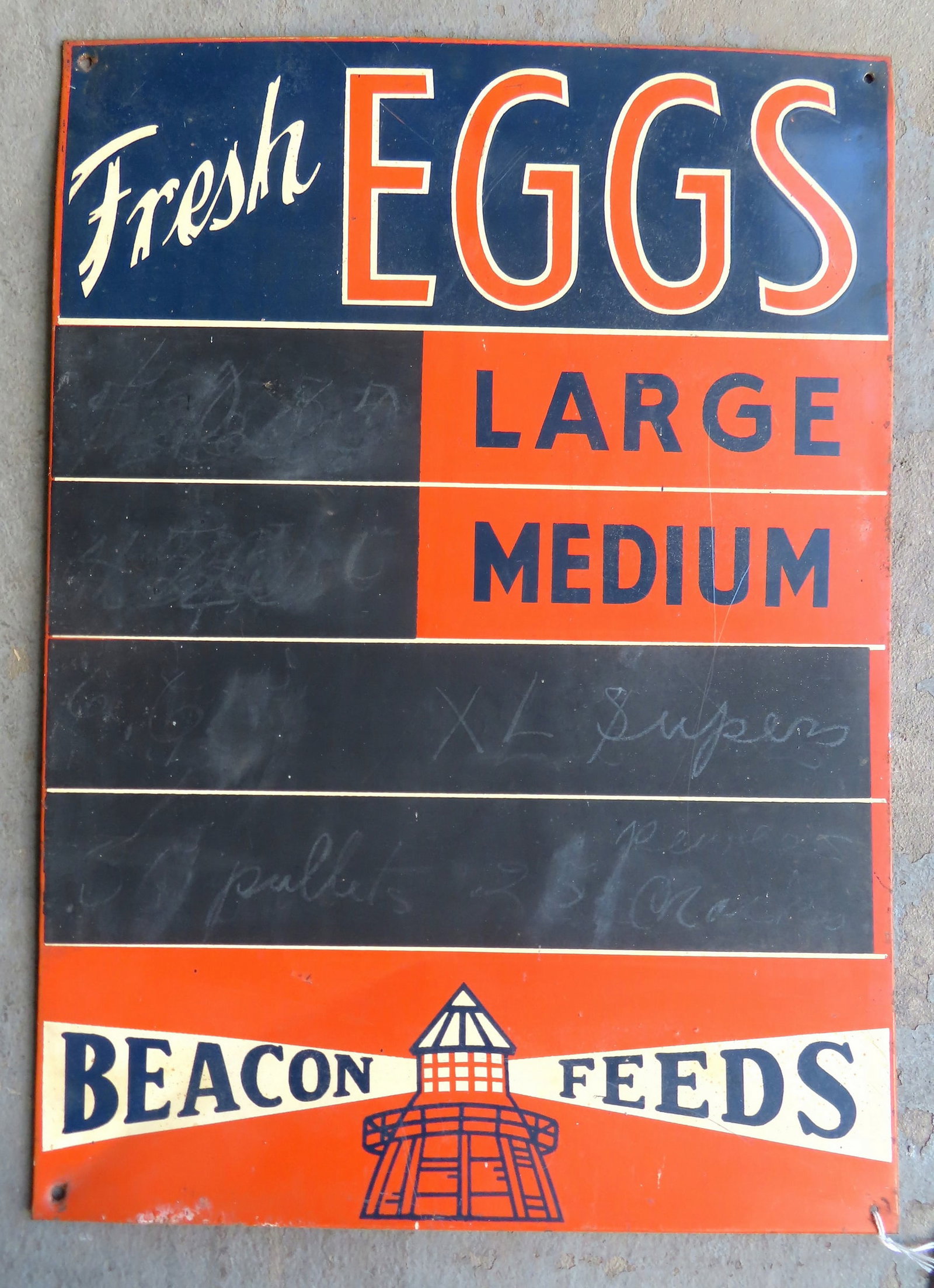 A lithograph tin "Beacon Feeds / Fresh Eggs" sign with built-in chalkboard area to write egg prices.: A lithograph tin "Beacon Feeds / Fresh Eggs" sign with built-in chalkboard area to write egg prices. Early to mid 20th century. Measures 14"W x 19 5/8"H. Very good condition.