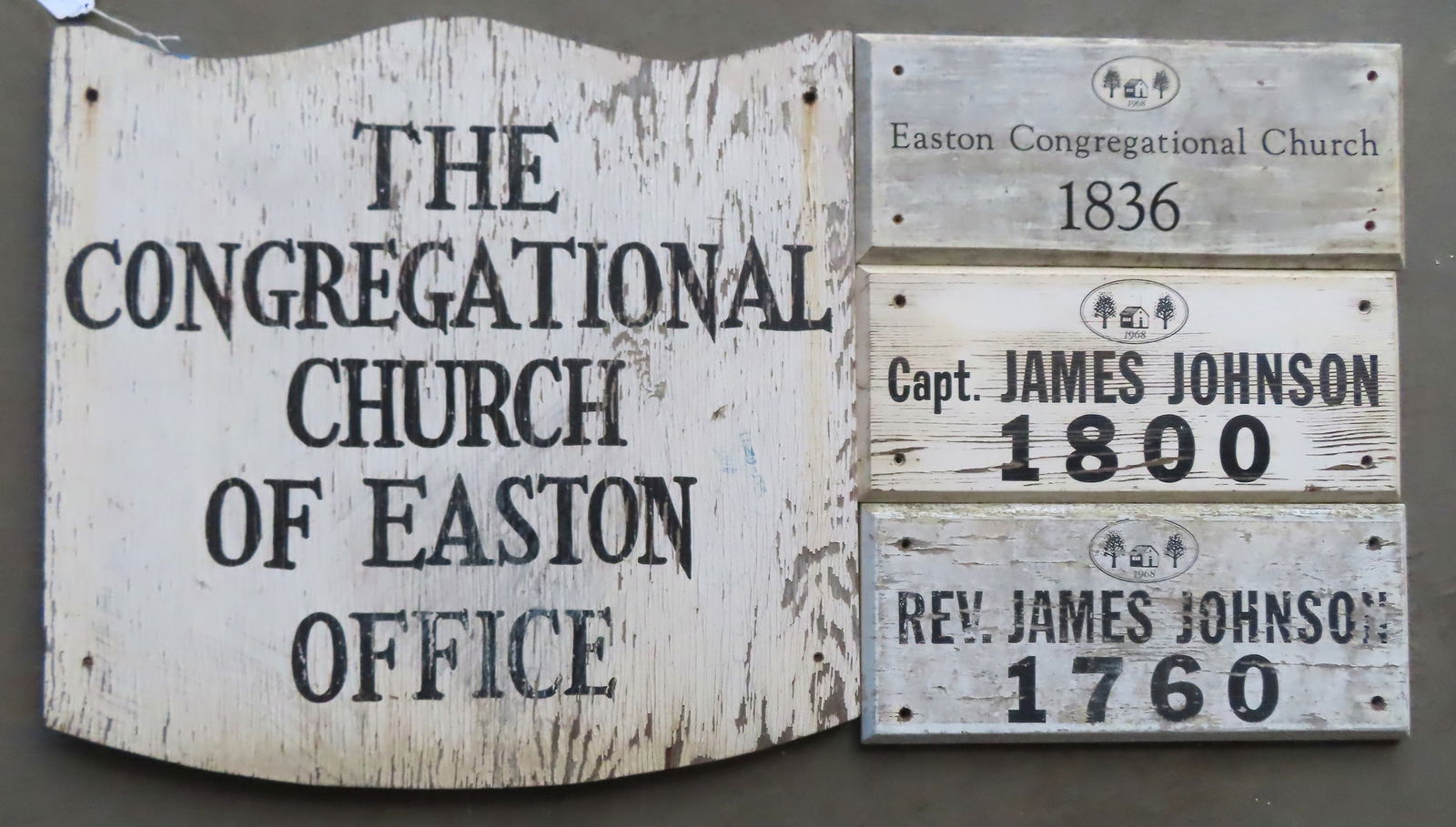 Five signs related to the Reverend James Johnson, Easton CT. He was the first Reverend of the: Five signs related to the Reverend James Johnson, Easton CT. He was the first Reverend of the Congregational Church Of Easton. All the signs are likely historical wooden markers from this church, in 1