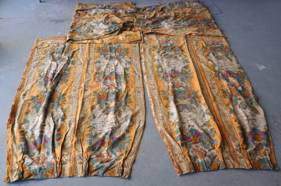 Four Arts & Crafts period lined curtain panels, having printed medallions of 17th century sailing: Four Arts & Crafts period lined curtain panels, having printed medallions of 17th century sailing vessels surrounded by flowers, early 20th century. Some small tears that need repair, but overall good