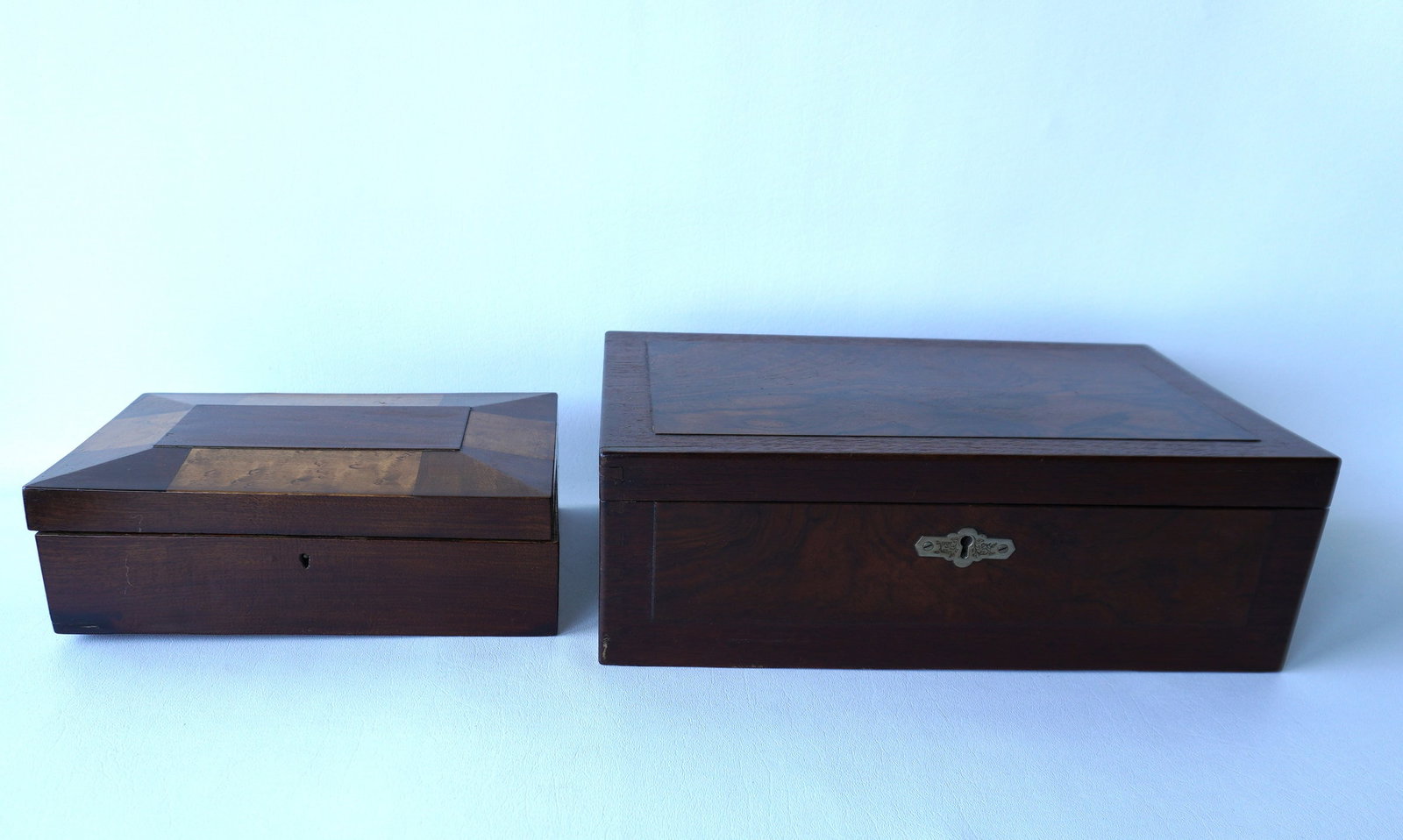 Two refinished 19th century document or sewing boxes, both in very good condition. One with birdseye: Two refinished 19th century document or sewing boxes, both in very good condition. One with birdseye maple and walnut inlays and having a shaped lid; the other is the largest in walnut and measures 10