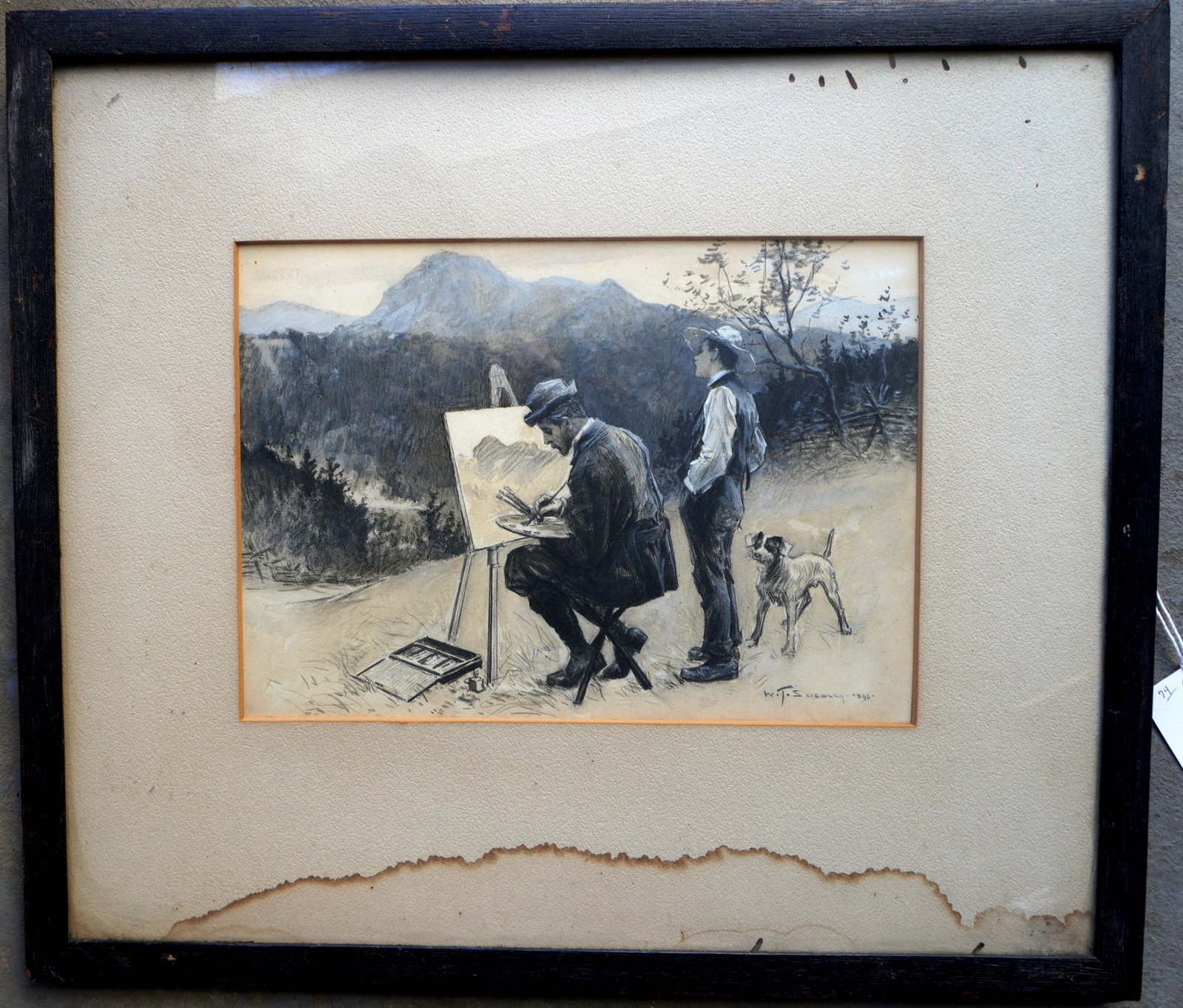 William Thomas Smedley (1858 - 1920) was active/lived in Pennsylvania. W/C Depicting an artist: William Thomas Smedley (1858 - 1920) was active/lived in Pennsylvania. W/C Depicting an artist painting the mountain in the background of this painting with young boy and dog standing by his side, sig