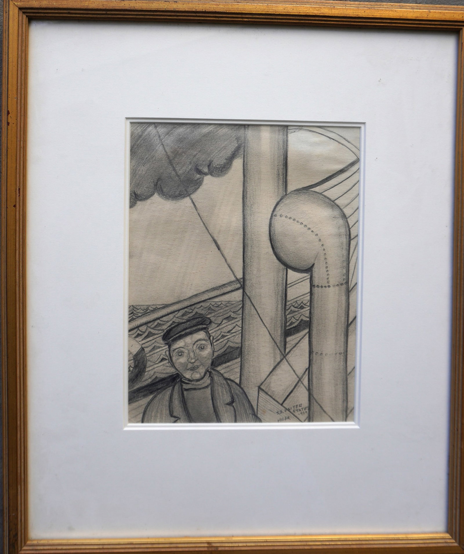 Hilaire Harzberg Hiler (1898 - 1966) was active/lived in New Mexico, California / France.: Hilaire Harzberg Hiler (1898 - 1966) was active/lived in New Mexico, California / France. Modernistic graphite drawing depicting sailor on steamship, inscribed "S.S. United States 1922" signed Hiler o
