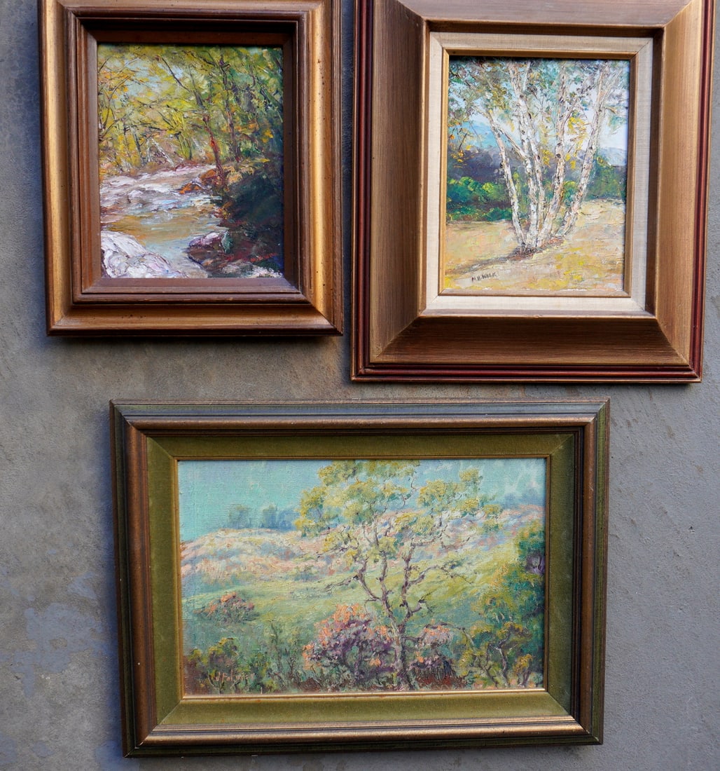 Three Connecticut landscape paintings including 2 signed M.H. Wilk, and 1 unsigned. The unsigned is: Three Connecticut landscape paintings including 2 signed M.H. Wilk, and 1 unsigned. The unsigned is the largest having a frame size of 16" x 22". All 3 are in very good condition, with no damage or re