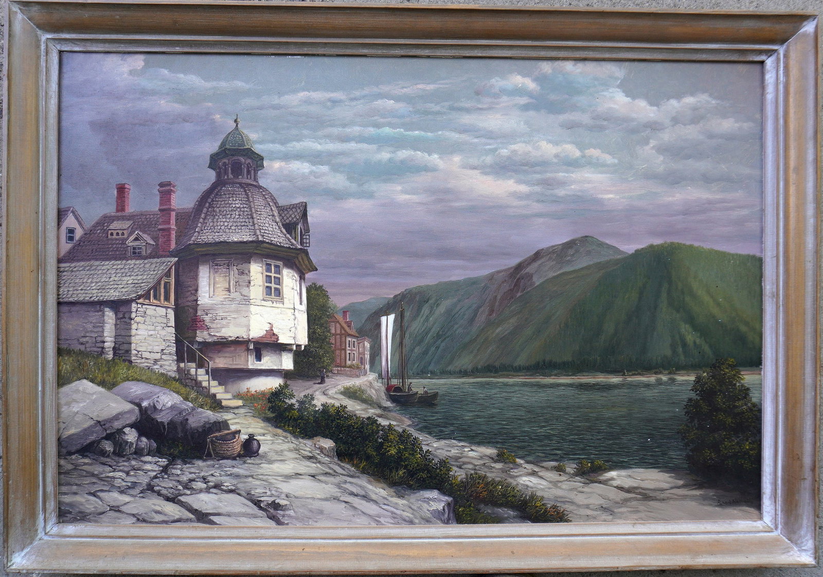 Albert Szatmar Nemethy, Sr. (1920 - 1998) was active/lived in New York / Hungary. A large European: Albert Szatmar Nemethy, Sr. (1920 - 1998) was active/lived in New York / Hungary. A large European landscape depicting an architectural building on the shores of river with mountains in the background