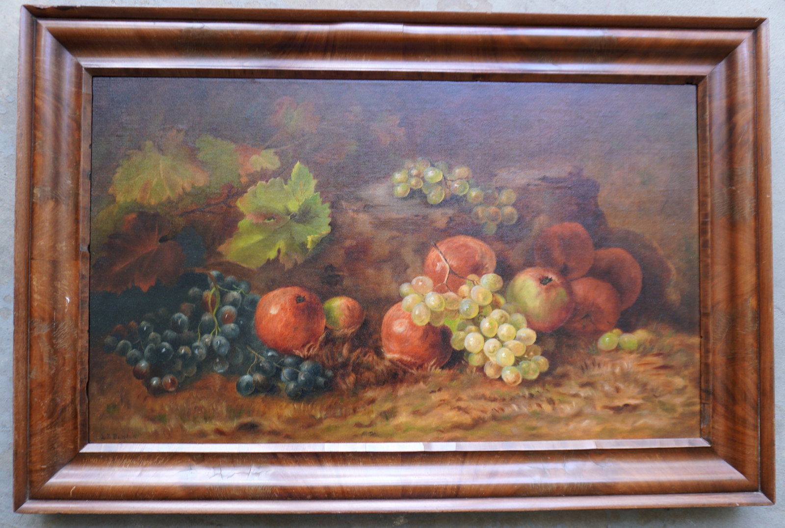 Large O/C Still life of fruit, housed in a period mahogany Ogee frame, late 19th century. Note the: Large O/C Still life of fruit, housed in a period mahogany Ogee frame, late 19th century. Note the presence of A.D.S. cast iron stretcher holders in each corner with patent date 1885. Signed lower lef