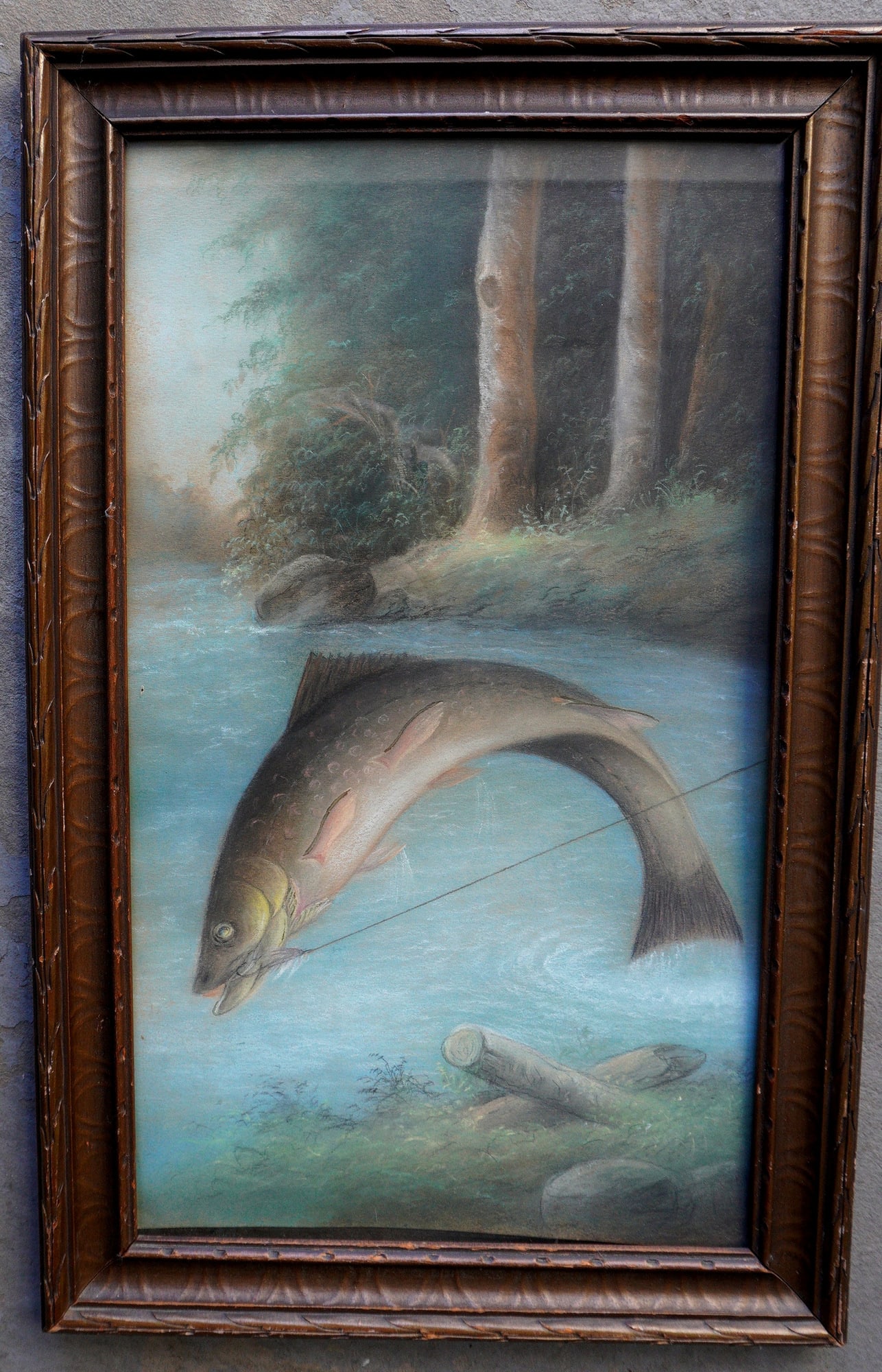 Pastel portrait of a hooked leaping trout, signed and dated on reverse which appears to read J.P.: Pastel portrait of a hooked leaping trout, signed and dated on reverse which appears to read J.P. Bower 1919 (more likely J.S. Bower who is known for pastel artwork including game fish and still lifes