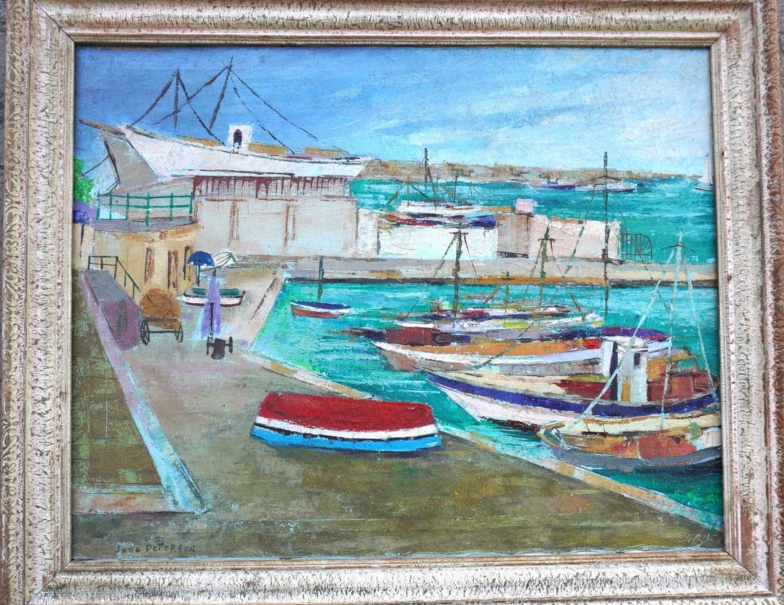 O/C Modernistic rendering depicting sailing ships at port with pier and buildings, signed "Jane: O/C Modernistic rendering depicting sailing ships at port with pier and buildings, signed "Jane Peterson" - NOTE - while this signature is similar her's, the painting is atypical of her work and has n