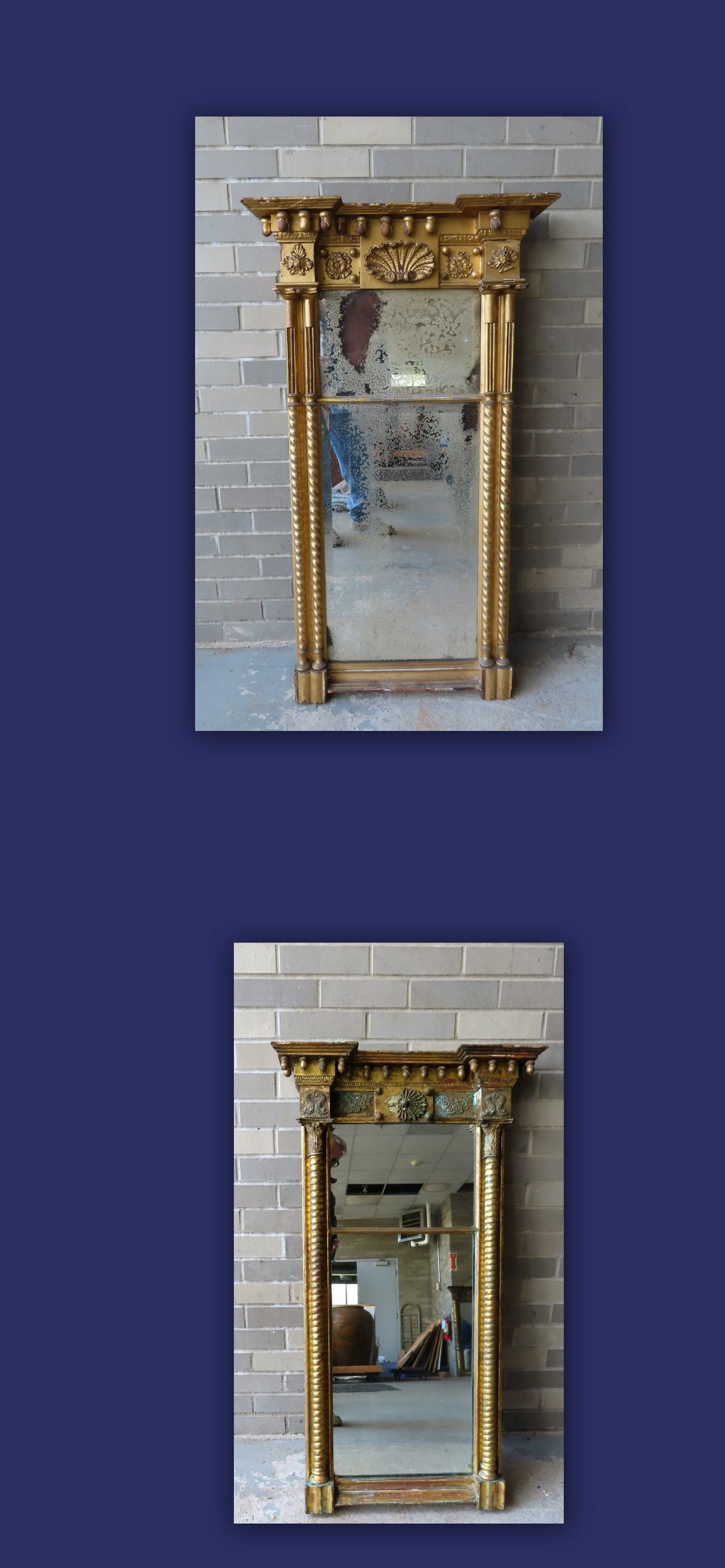 Two Sheraton double panel wall mirrors, early 19th century, in need of some restoration. The first: Two Sheraton double panel wall mirrors, early 19th century, in need of some restoration. The first retains its original beveled glass mirrors flanked by rope twist double 1/2 columns below a shaped cr