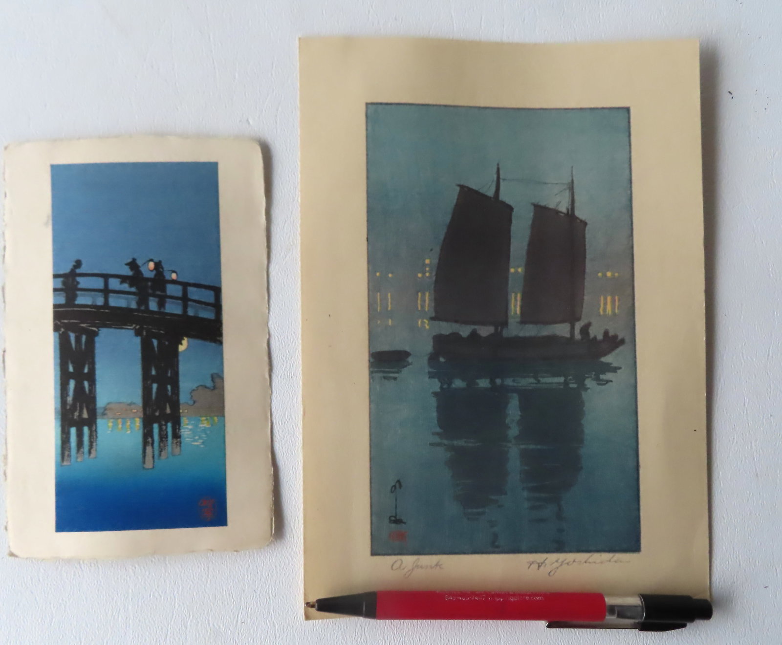 Hiroshi Yoshida, Japanese 1876-1950. Woodblock print, pencil signed H. Yoshida, and titled "A Junk": Hiroshi Yoshida, Japanese 1876-1950. Woodblock print, pencil signed H. Yoshida, and titled "A Junk" - unframed and measures 5 3/4" x 8 1/8" - very good condition; together with a Japanese woodblock po