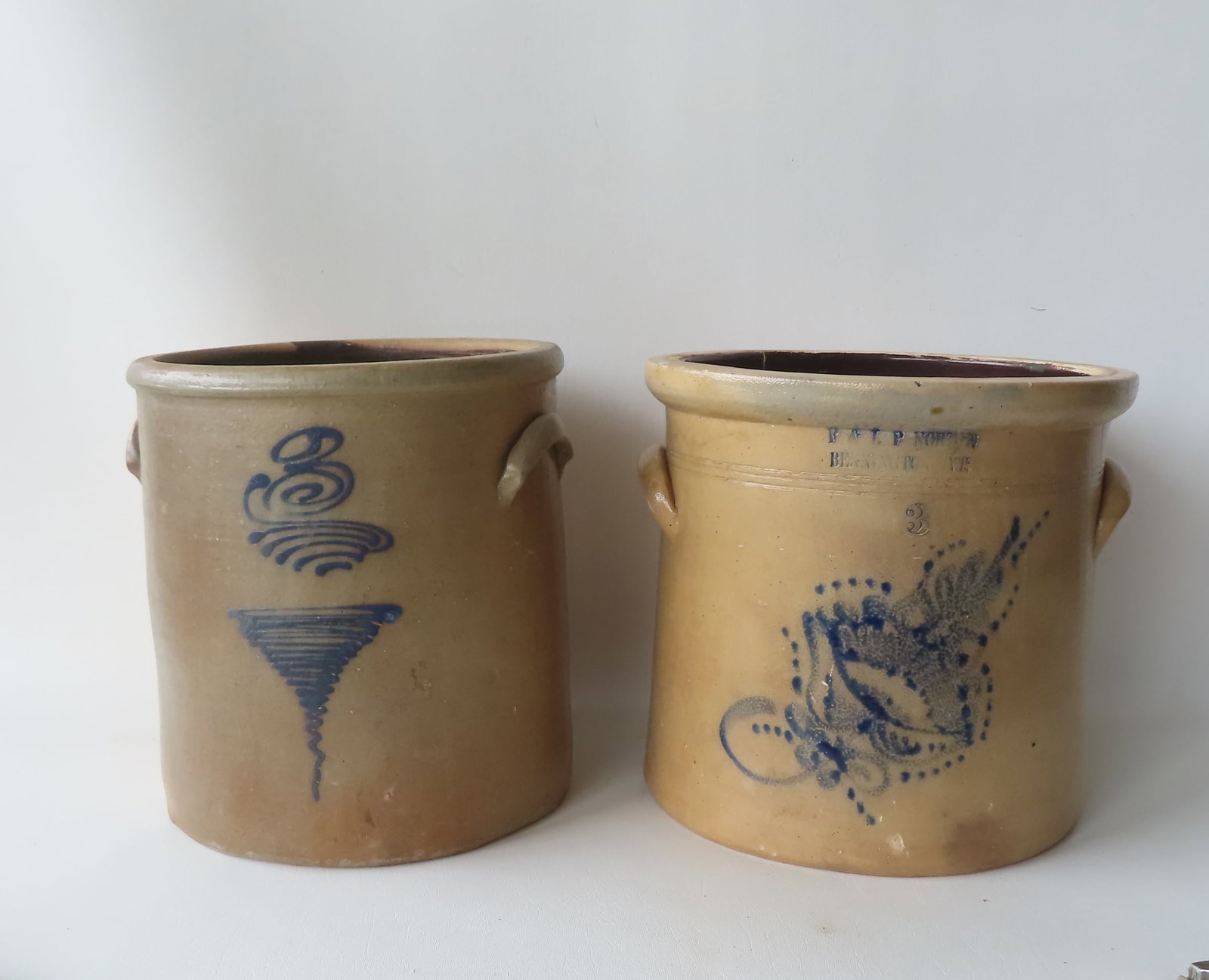 Stoneware 3 gal. crock, decorated with a cobalt script 3 over a cobalt blue tornado - very good: Stoneware 3 gal. crock, decorated with a cobalt script 3 over a cobalt blue tornado - very good condition, no damage. Measures 11"W x 10 7/8"H.