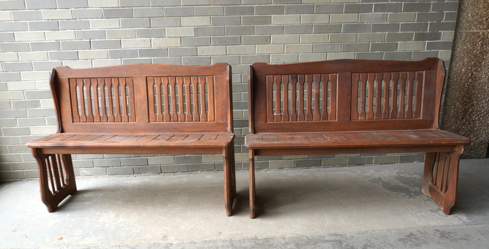 A matched pair of country meeting house benches, late 19th century. Both in original finish and in: A matched pair of country meeting house benches, late 19th century. Both in original finish and in good condition. Each measures approximately 46"W x 17"D x 34 1/2"H x 18 1/2" seat height. Descended f