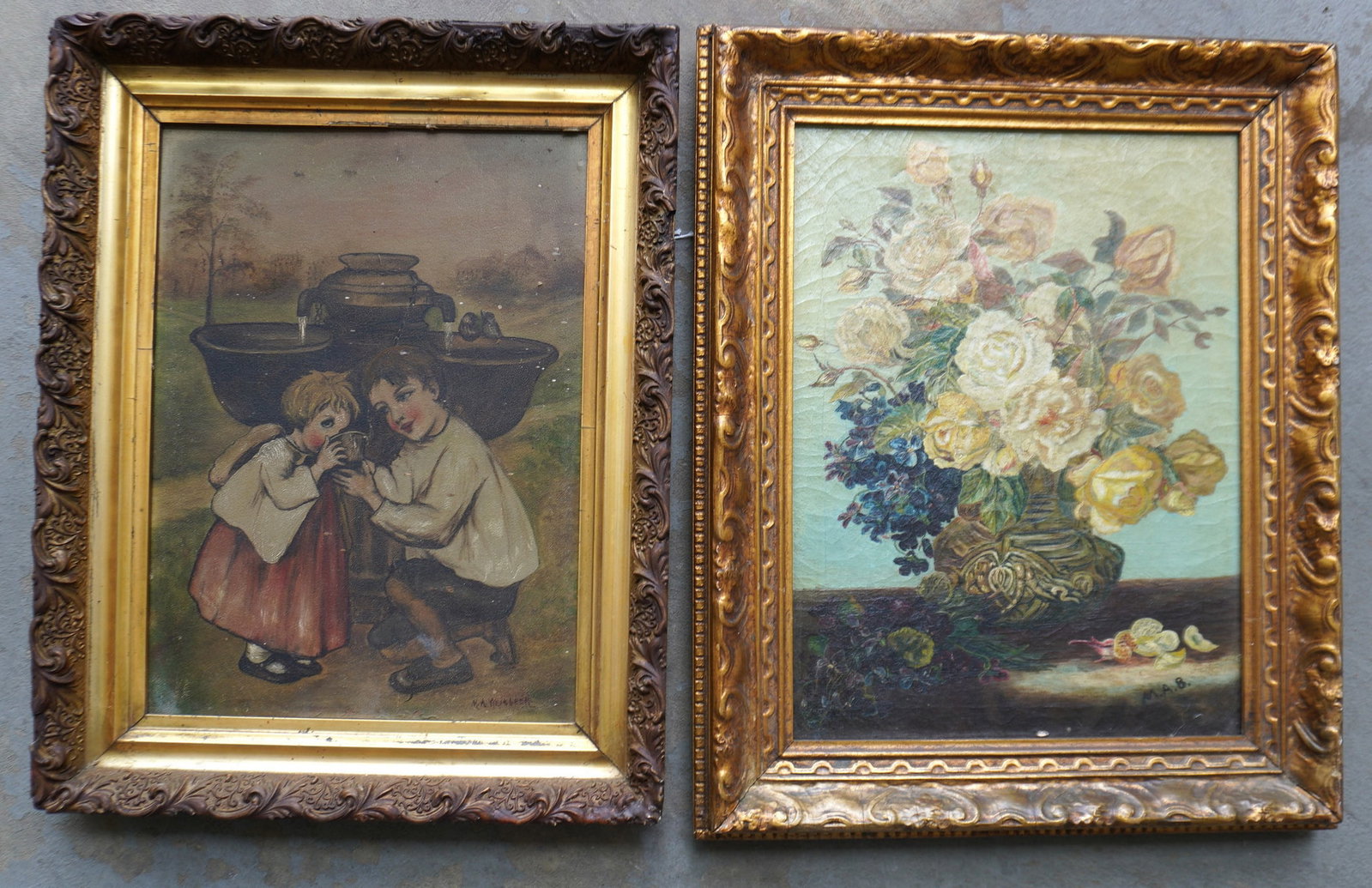 Two pieces of framed artwork, both housed in gilt gesso frames. The first an O/B depicting 2: Two pieces of framed artwork, both housed in gilt gesso frames. The first an O/B depicting 2 children drinking water from fountain, late 19th century - both the frame and artwork are in good condition