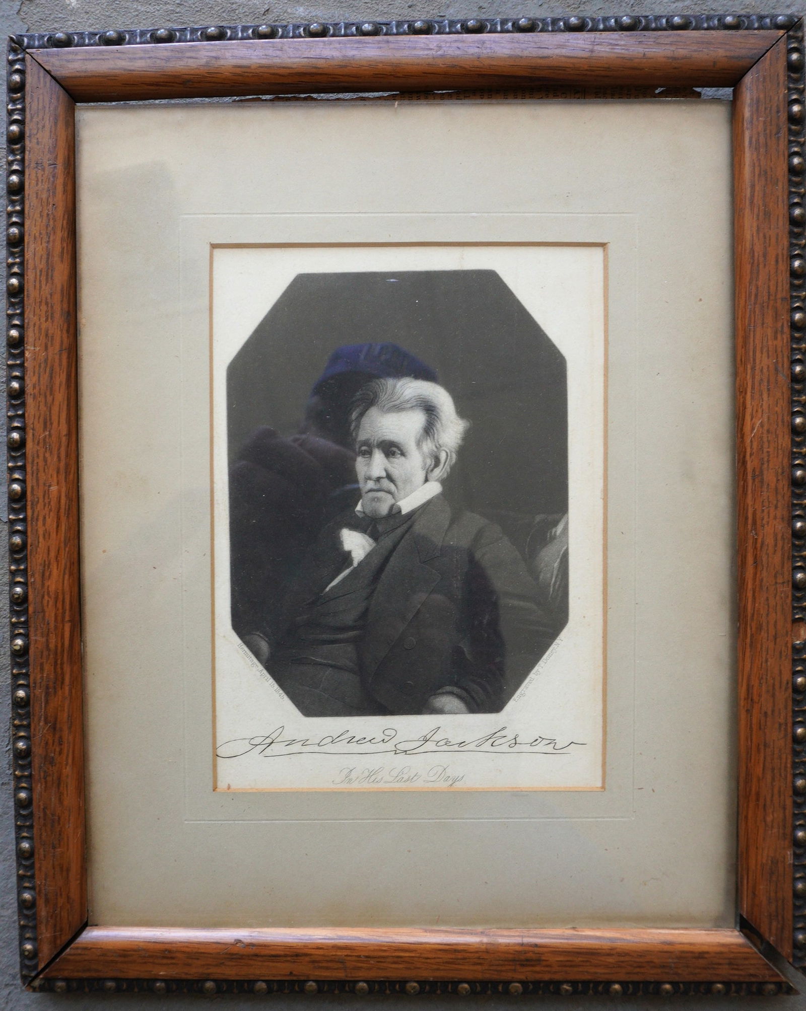 A very crisp engraving of Andrew Jackson titled "In His Last Days", engraved by T. Doney NY (1845): A very crisp engraving of Andrew Jackson titled "In His Last Days", engraved by T. Doney NY (1845) and also marked "Hermitage April 15, 1845" - Hermatage was the plantation home of Jackson, 7th presid