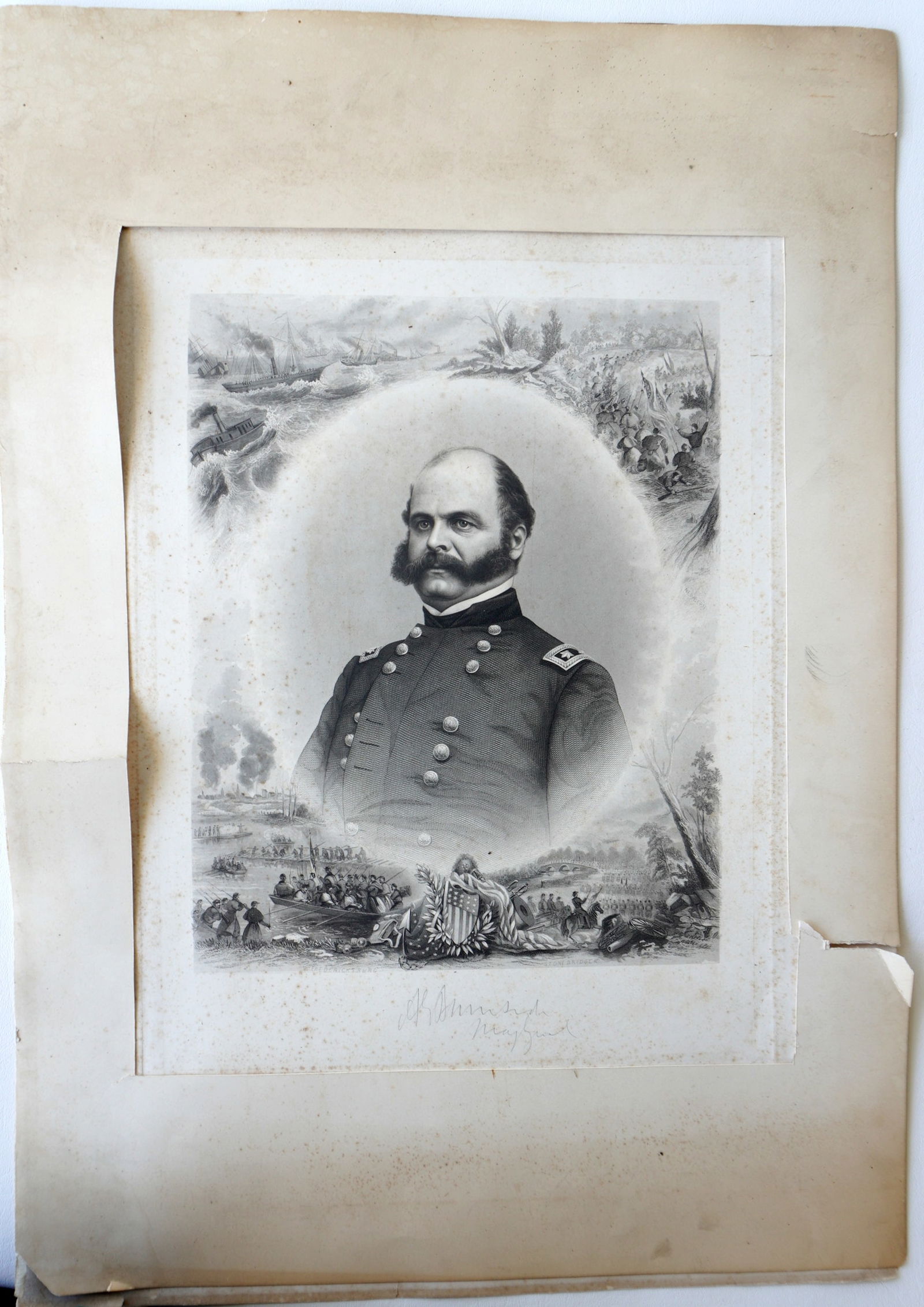 General Ambrose Burnside engraving with his original pencil signature on the lower border of the: General Ambrose Burnside engraving with his original pencil signature on the lower border of the engraving, circa 1860-70. Measures within mat 17" x 24". Foxing, mostly around the border, else good co