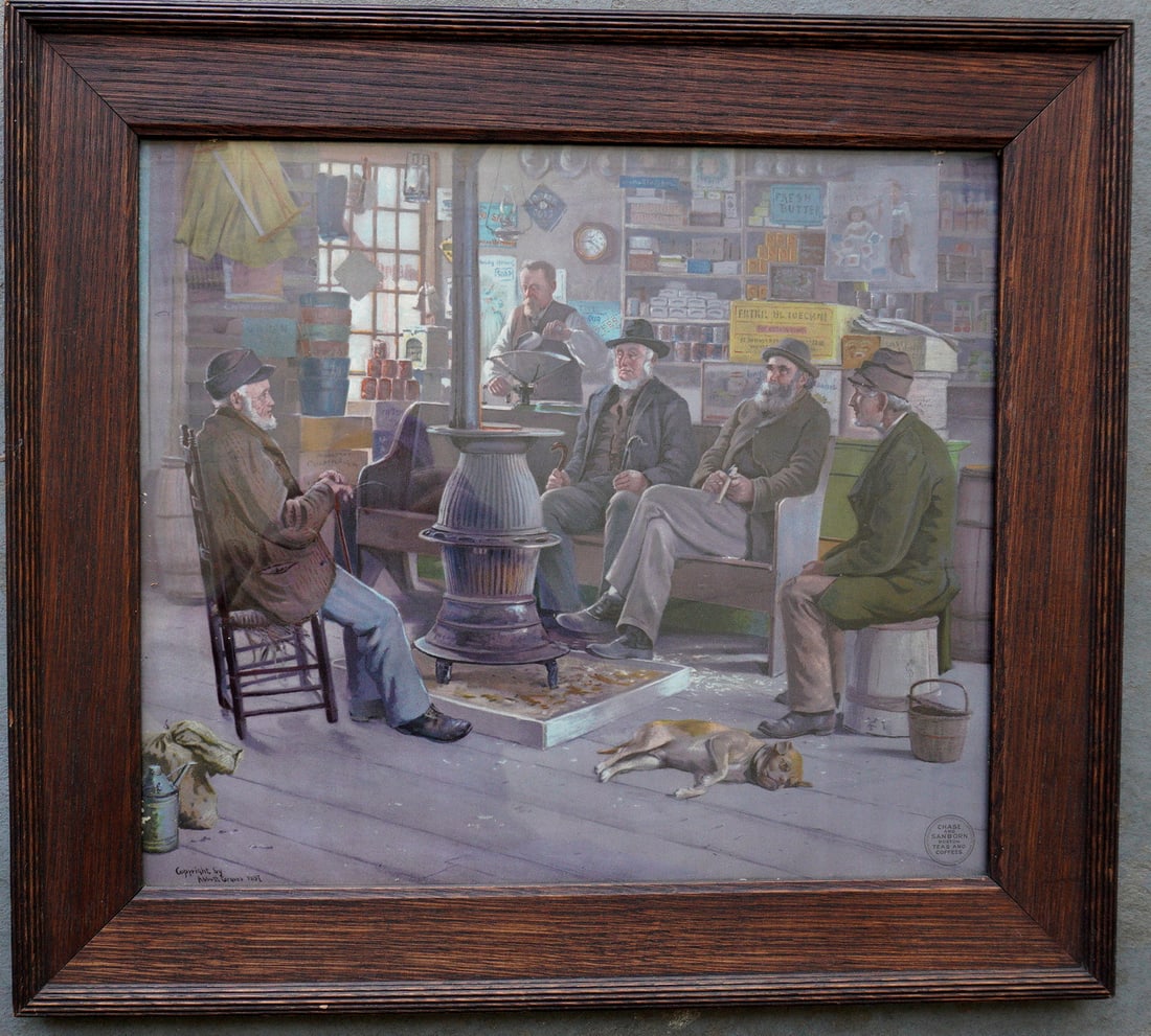 A framed advertising lithograph titled "Chase and Sanborn / Boston / Teas and Coffees", depicting: A framed advertising lithograph titled "Chase and Sanborn / Boston / Teas and Coffees", depicting the interior of a vintage country store. Copyright by Abbott Graves 1897. Housed in original oak frame