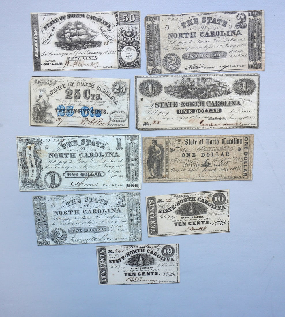 A grouping of 9 Confederate, Raleigh State of North Carolina, paper currency, including: 4: A grouping of 9 Confederate, Raleigh State of North Carolina, paper currency, including: 4 fractional notes dated 1863 & 1866, various denominations; and 5 bank notes over $1 and over, dated 1862 thro