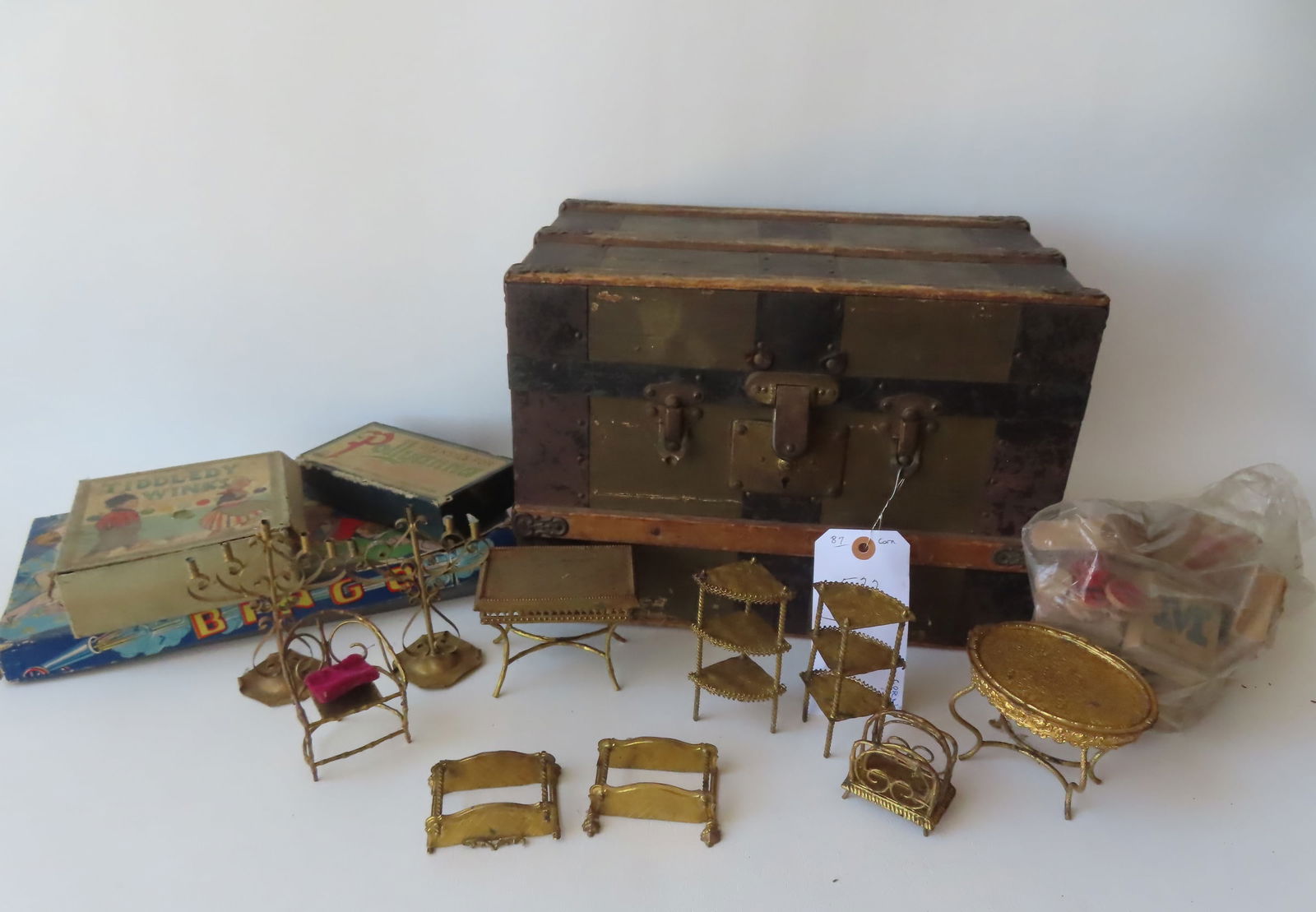 Grouping of vintage toys and dolls including: 2 small bisque baby dolls with bent limbs marked: Grouping of vintage toys and dolls including: 2 small bisque baby dolls with bent limbs marked "Japan" - very good condition - 5"L; small cloth doll marked "Made in Soviet Union" - very good condition