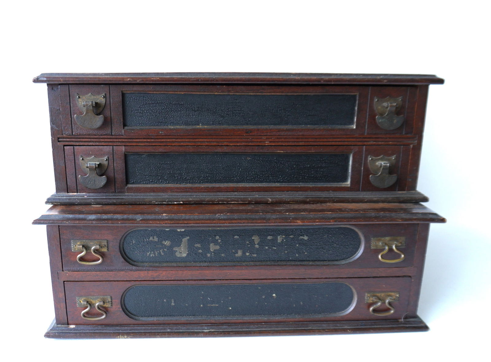 Two 19th century 2 drawer spool cabinets: Two 19th century 2 drawer spool cabinets, one signed J.P. Coates. Both in original finish with brass pulls and in good condition. The largest measures 20"W x 15:D x 6 1/4"H.
