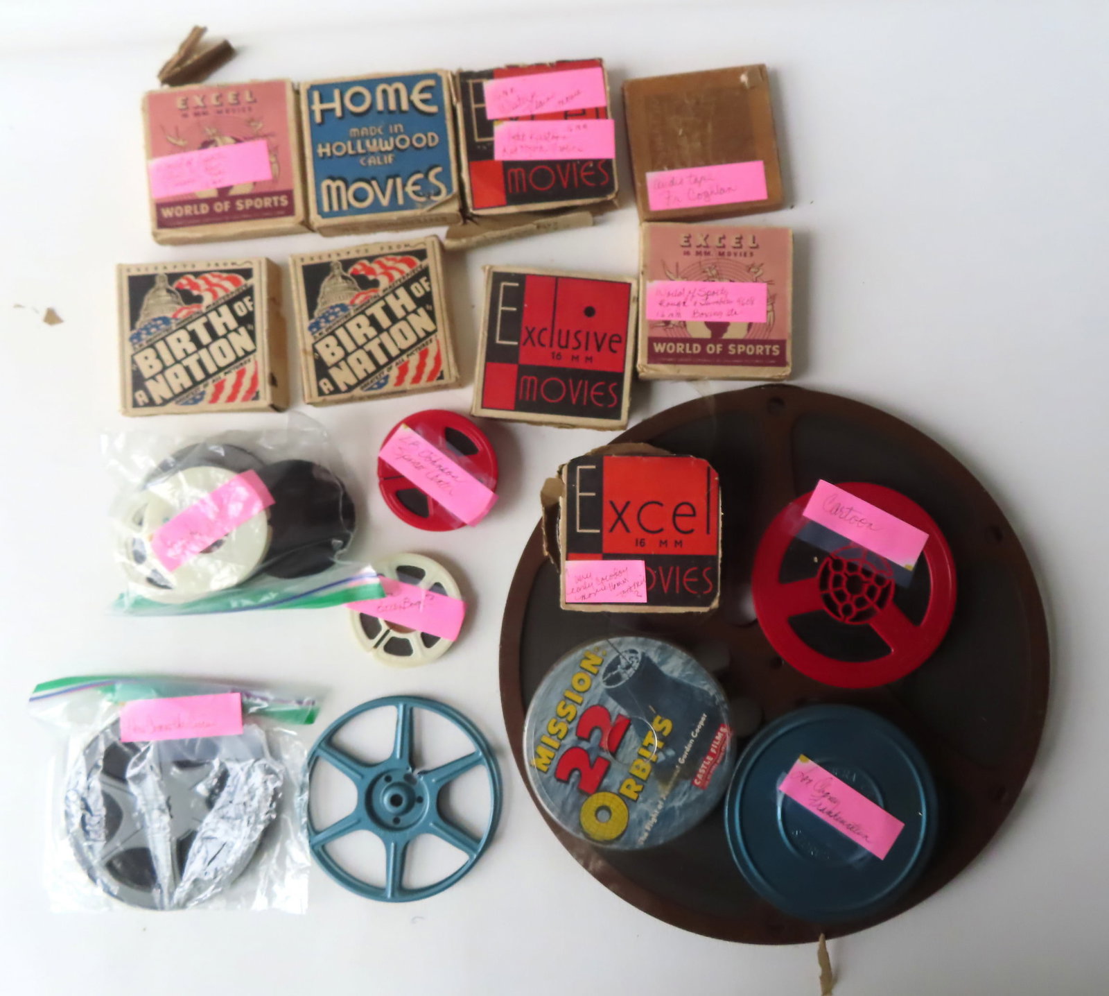 Grouping of vintage films, some 16mm cartoons.: Grouping of vintage films including: 2 "Birth of a Nation" 16mm - "Civil War Battle Scenes" and "Assassination of Lincoln"; 2 World of Sports - 16mm; 3 Xcel 16 MM "Western Plains", Kat Kartoons" and a