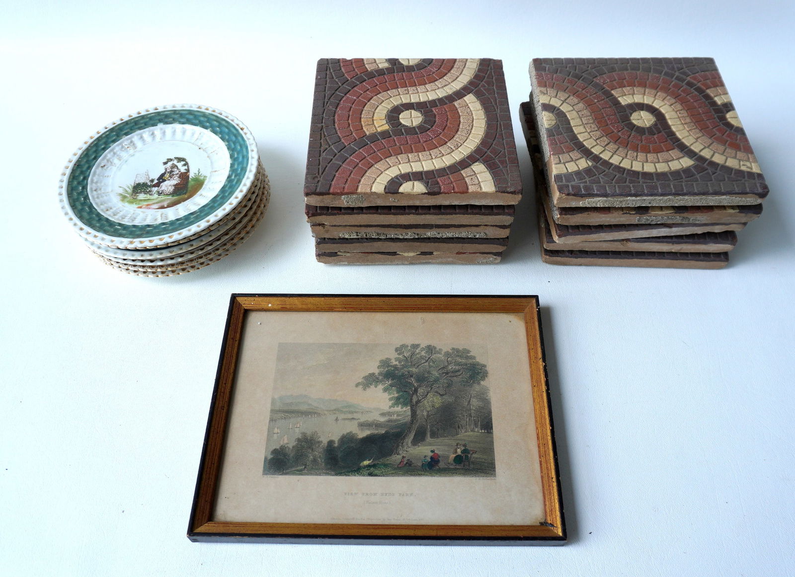Grouping of decorative items including tiles, Bartlet print, salad plates.: Grouping of decorative items including: 10 matching patterned tiles, early to mid 20th century, all used - some with minor edge chips hardly noticeable, but overall all in good condition - each measur
