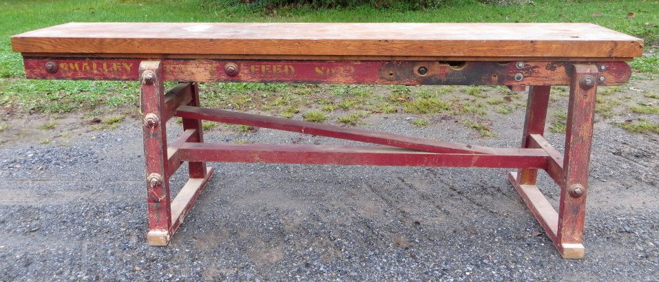 Large 19th century work table - base signed Smalley : Large 19th century work table - base signed Smalley Forge Feed No. 12 - original paint and stenciling - newer oak top. 8' 1"L x 18"W x 34.5"H.