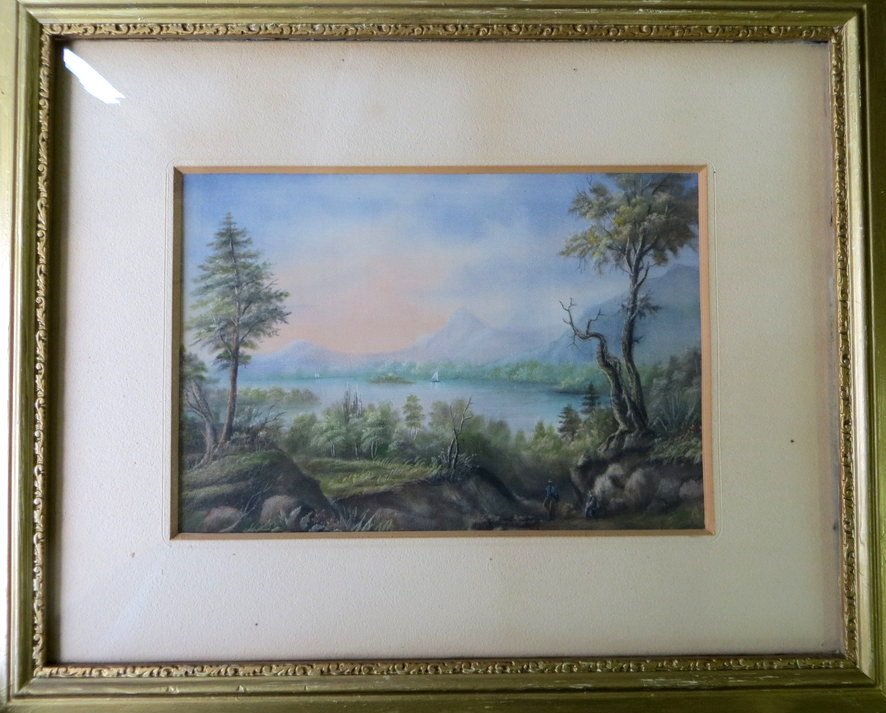 Good Hudson Valley W/C Lake with island, sailboats: Good Hudson Valley W/C Lake with island, sailboats, man on horseback and seated man on path leading to water. Possibly Catskill mountains. 9" x 13".