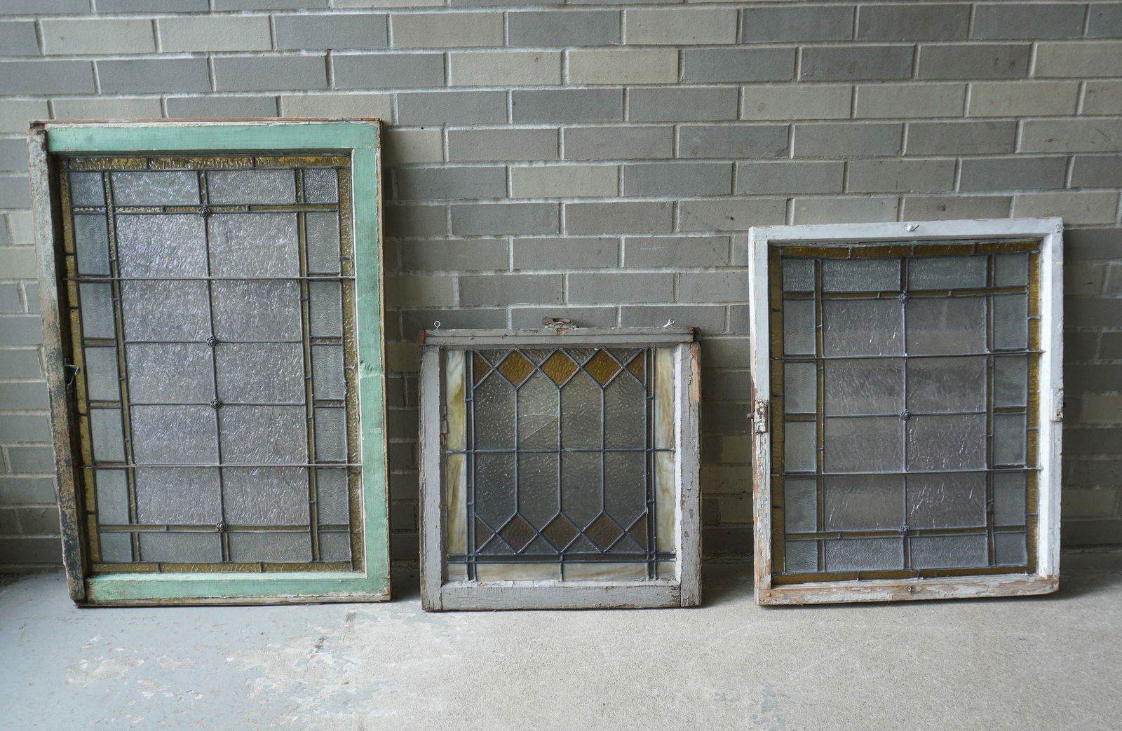 Three stained and leaded glass windows, 2 with some small hairlines in glass, the other in good (1 of 4)