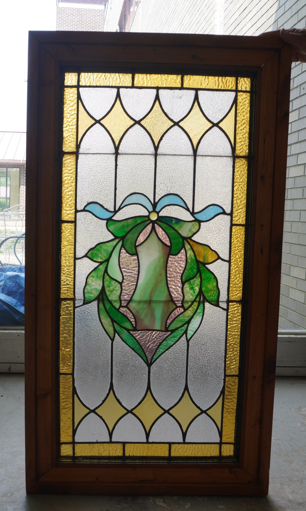 Large Art Deco style stained glass window in floral design. Several panels with slight cracks in (1 of 5)