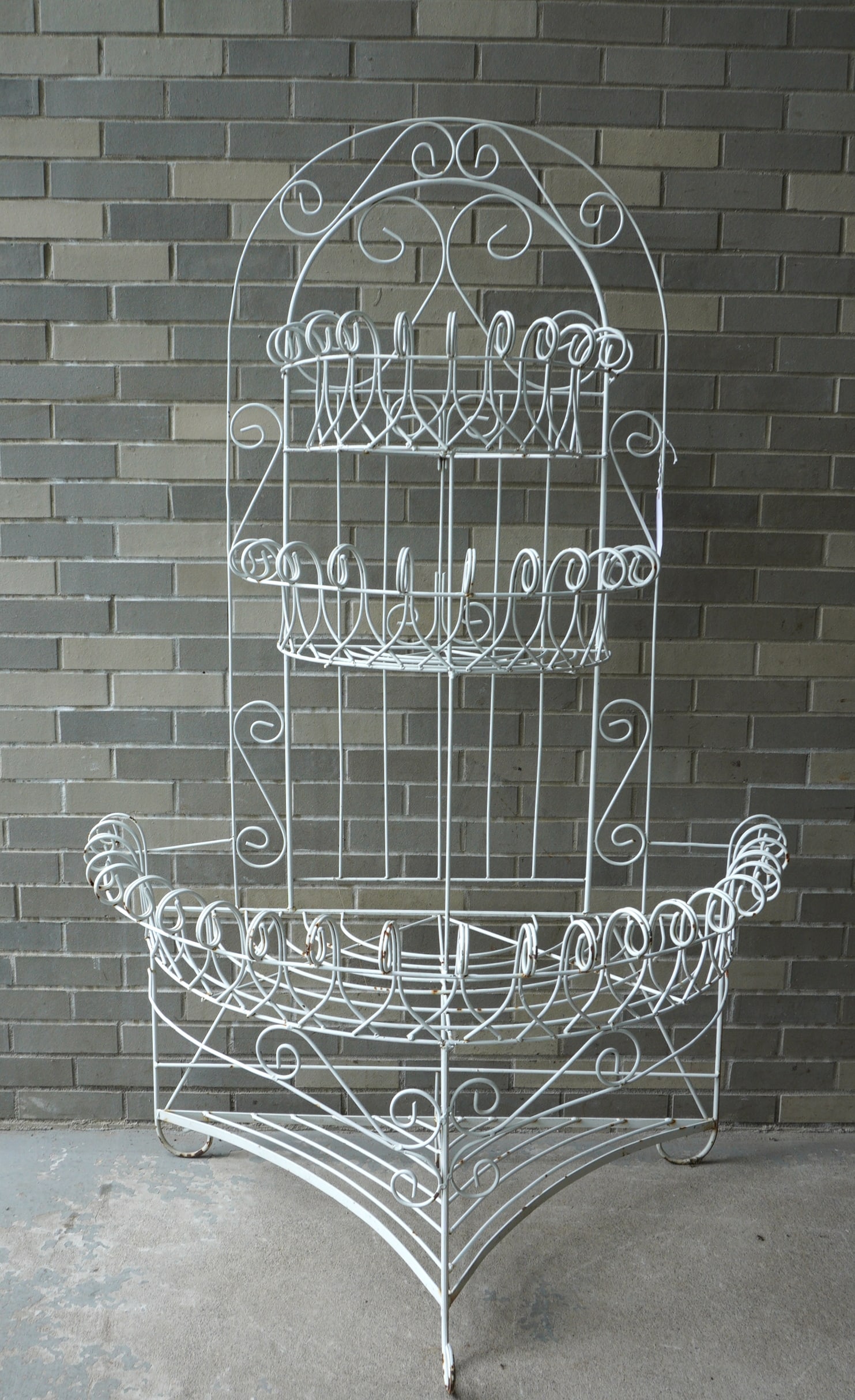 Large wrought iron-wire planter in white paint, 3 tiers with lower shelf, circa 1970. Very good (1 of 2)