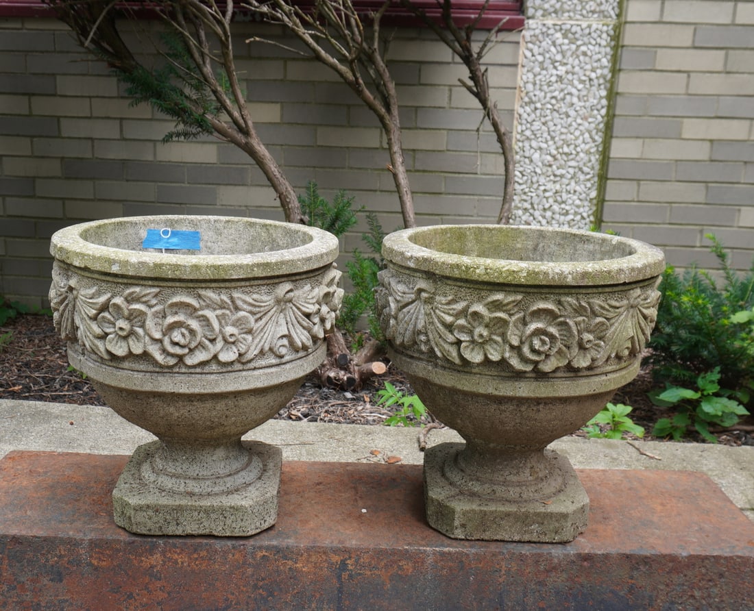 Two good concrete planters on footed base decorated around the perimeter with flowers, mid to late (1 of 3)