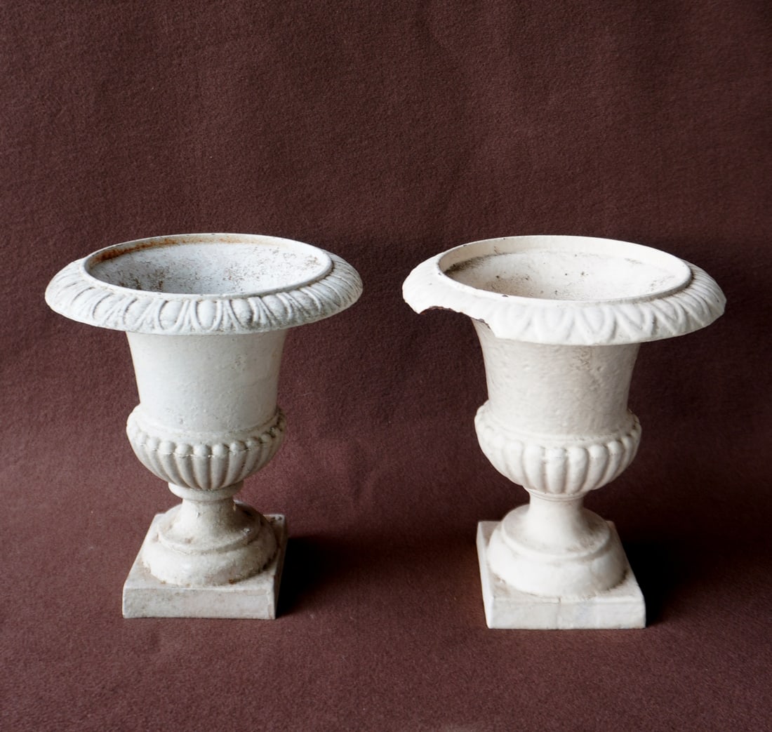 Two small 19th century cast iron near matching garden urns, one signed  "R. Remaudiere Paris" with (1 of 4)