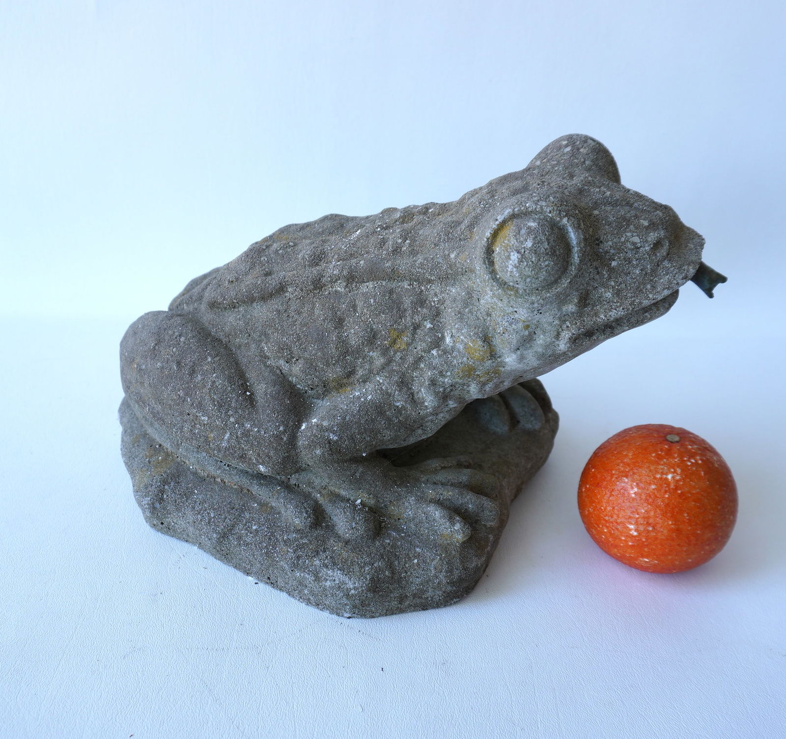 A vintage concrete garden frog water fountain - note tube extending from base out the frogs mouth. (1 of 5)