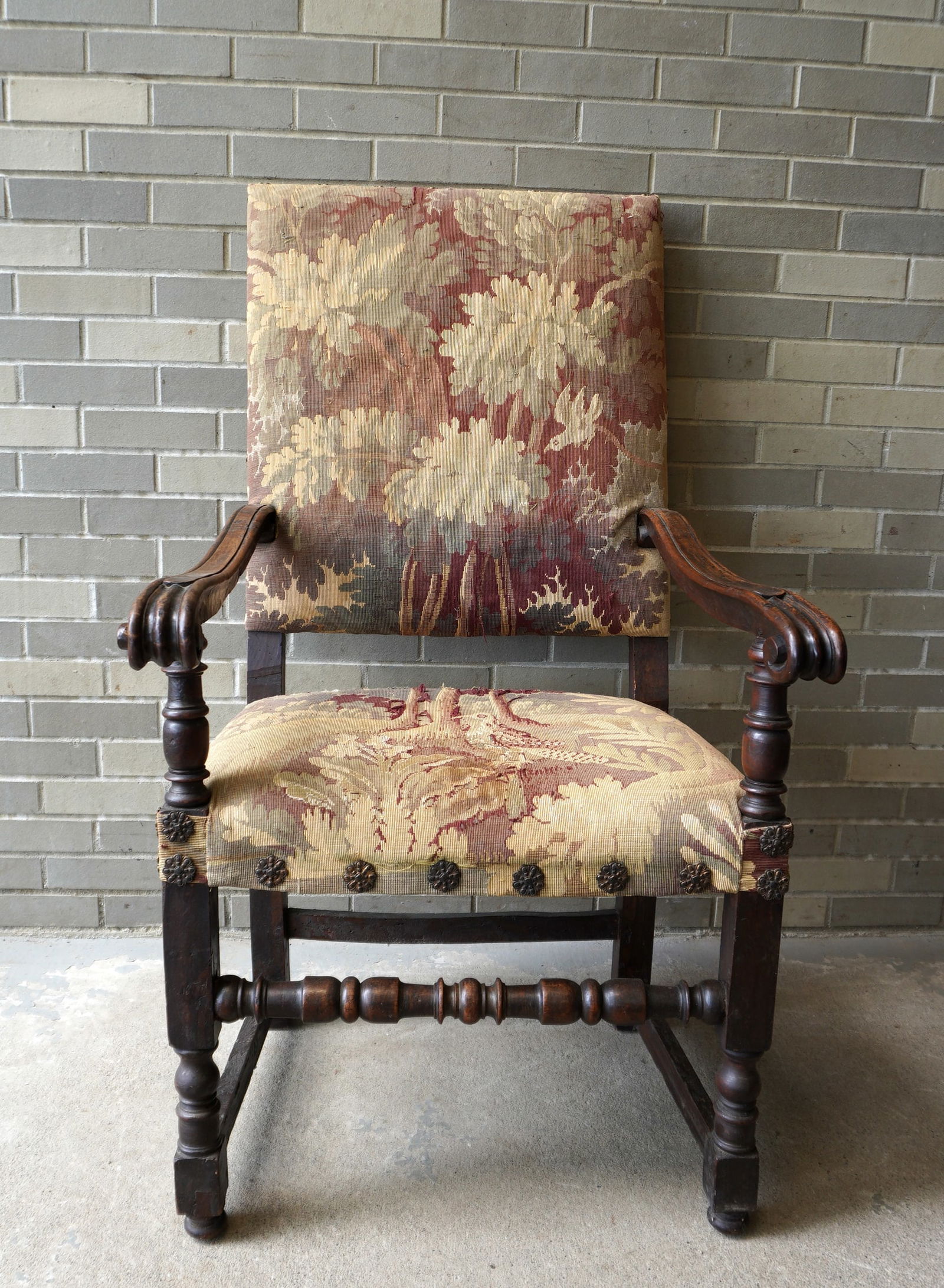A William and Mary style armchair with restoration. It has an upholstered seat and back, having (1 of 13)