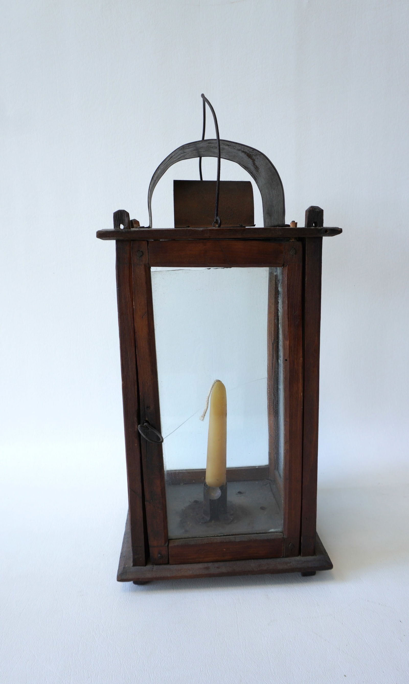 A wooden frame barn lantern with interior candle holder and glass sides, tin socket with flanges at (1 of 8)