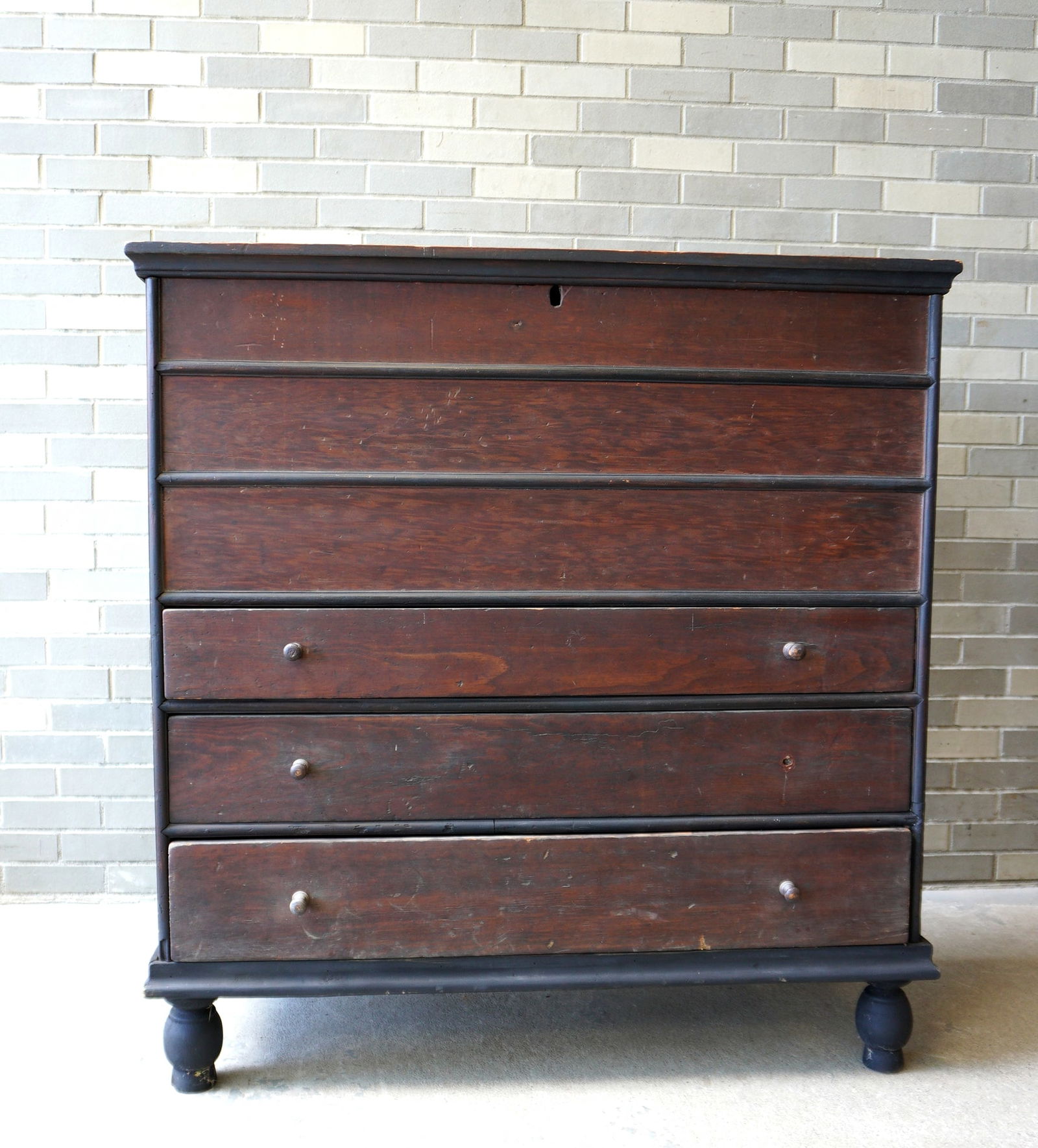 An 18th century blanket chest in original red stain, cotter pin hinges, 3 false drawers over 3 (1 of 9)
