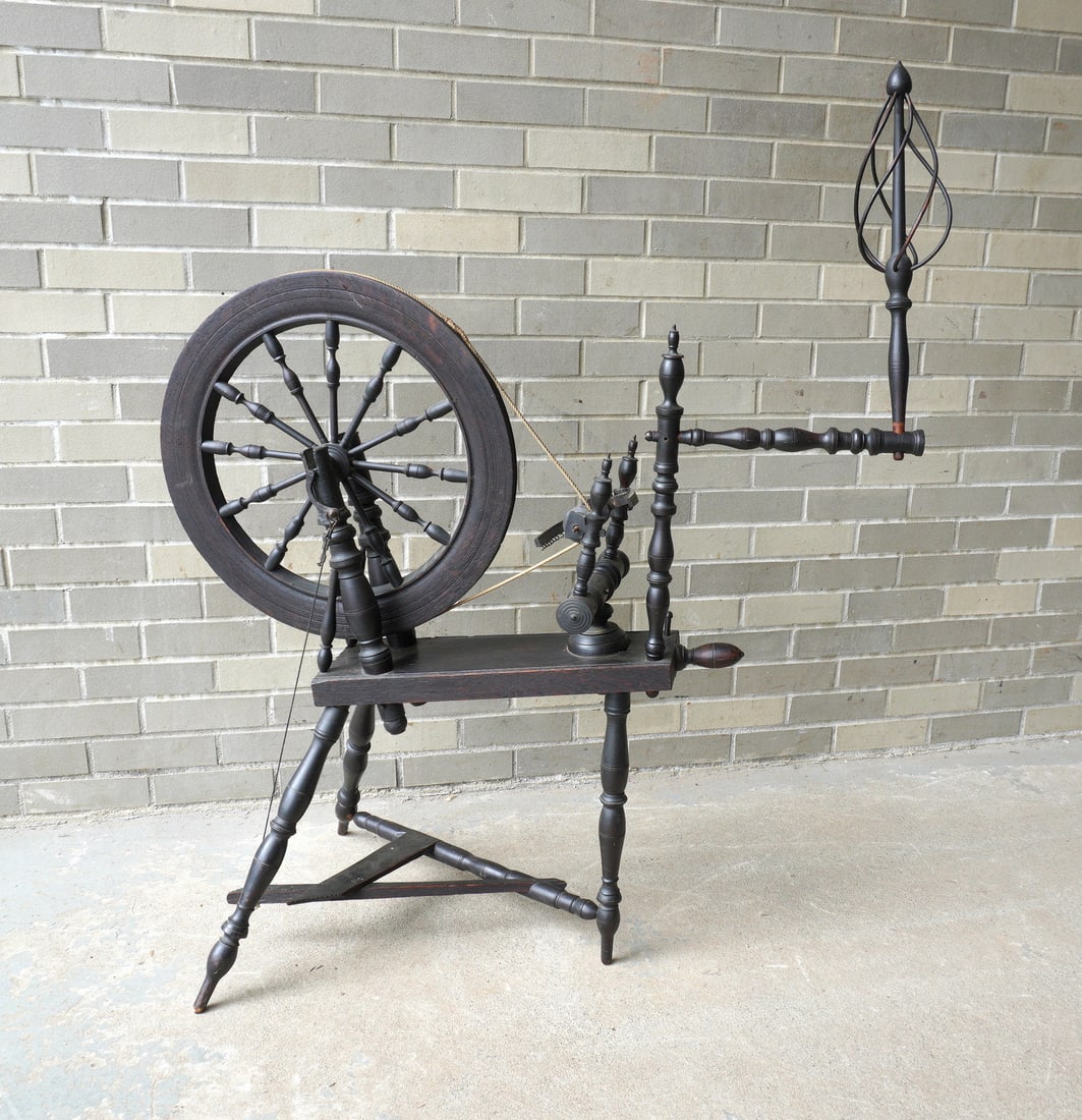 An flax spinning wheel in original darkened stain - appears complete and in good working order, mid (1 of 14)