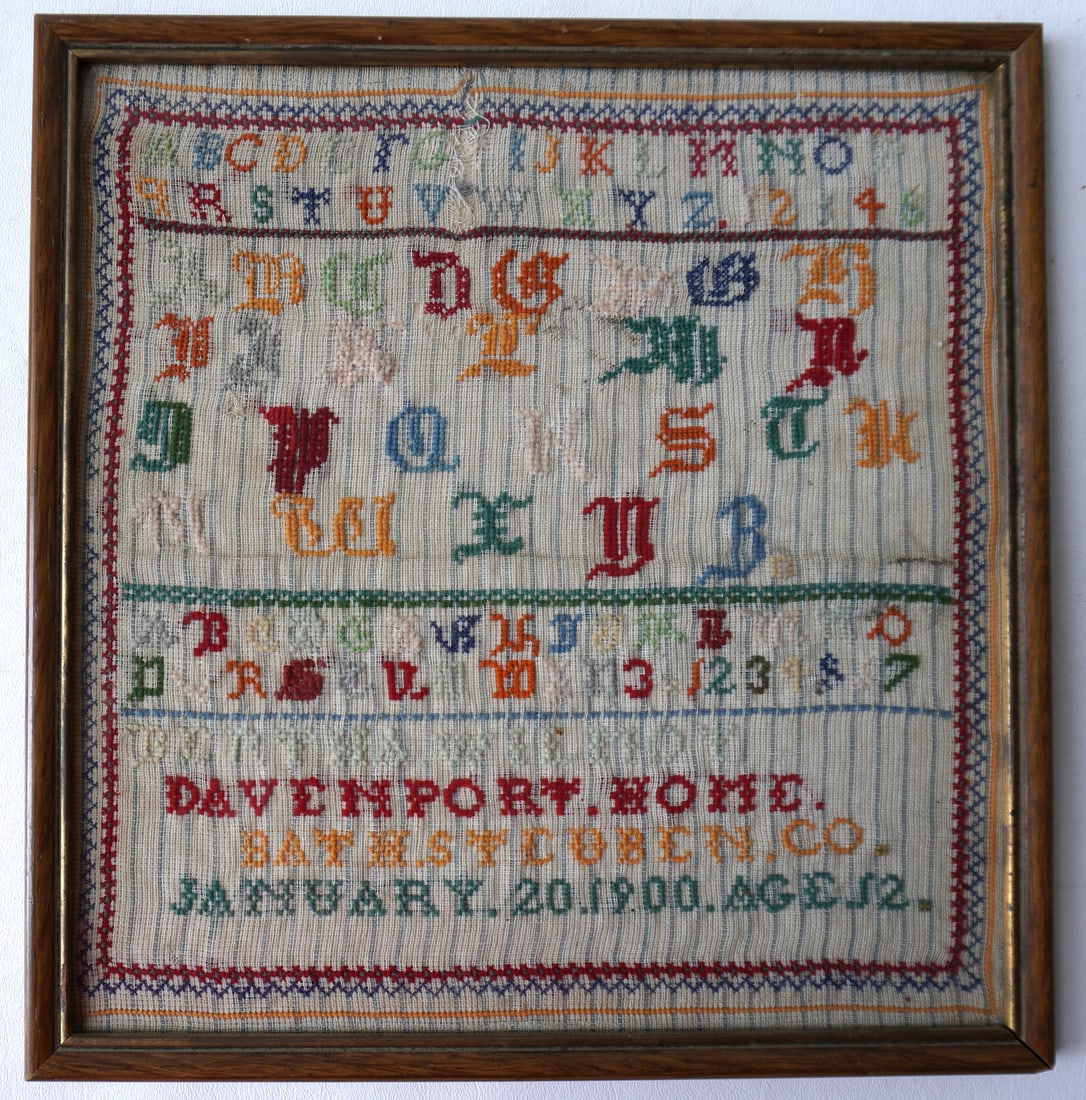 Alphabet sampler signed "BERTHA WILMOT. DAVENPORT HOME. BATH / STEUBEN CO. / JANUARY. 20. 1900. AGE (1 of 3)