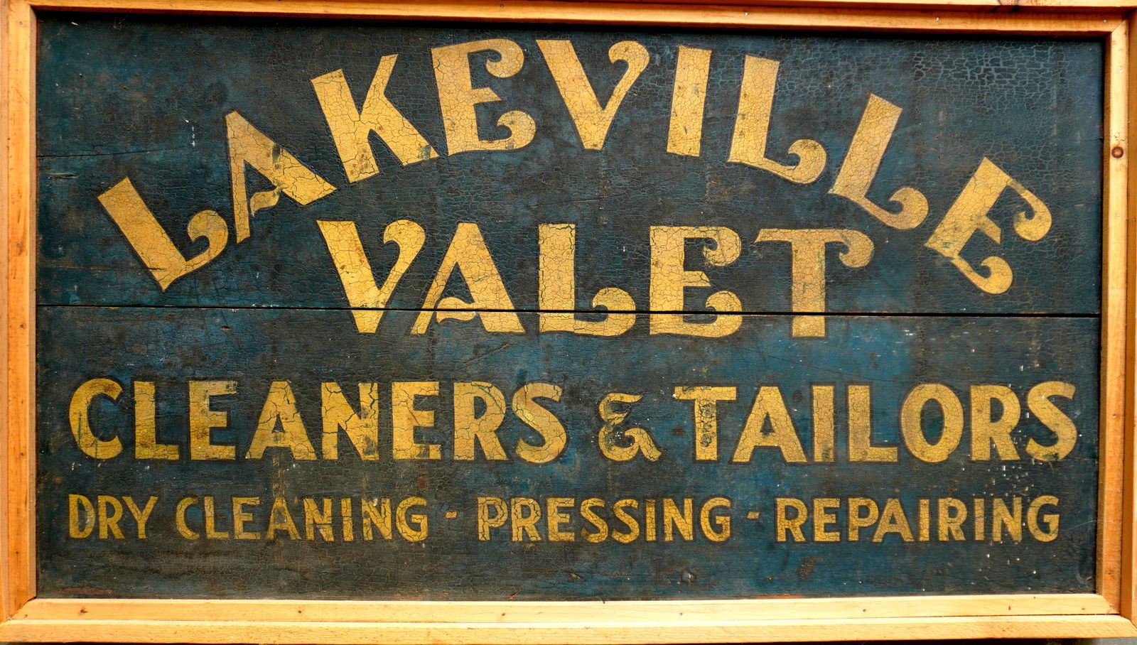 Wooden double sided advertising sign marked "LAKEVILLE VALET / CLEANERS & TAILORS / DRY CLEANING - (1 of 3)